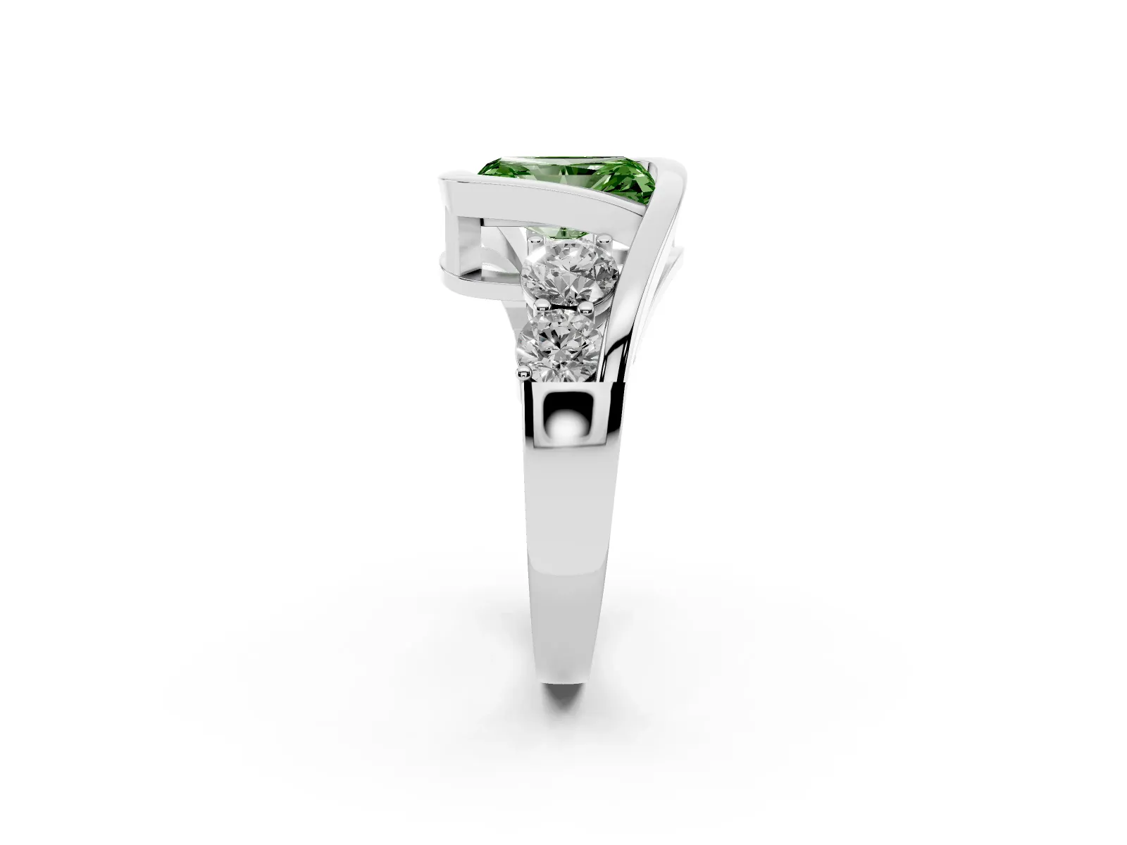 Fancy Green Bezel Set Radiant Cut Diamond Bypass Ring with Round Accents White gold