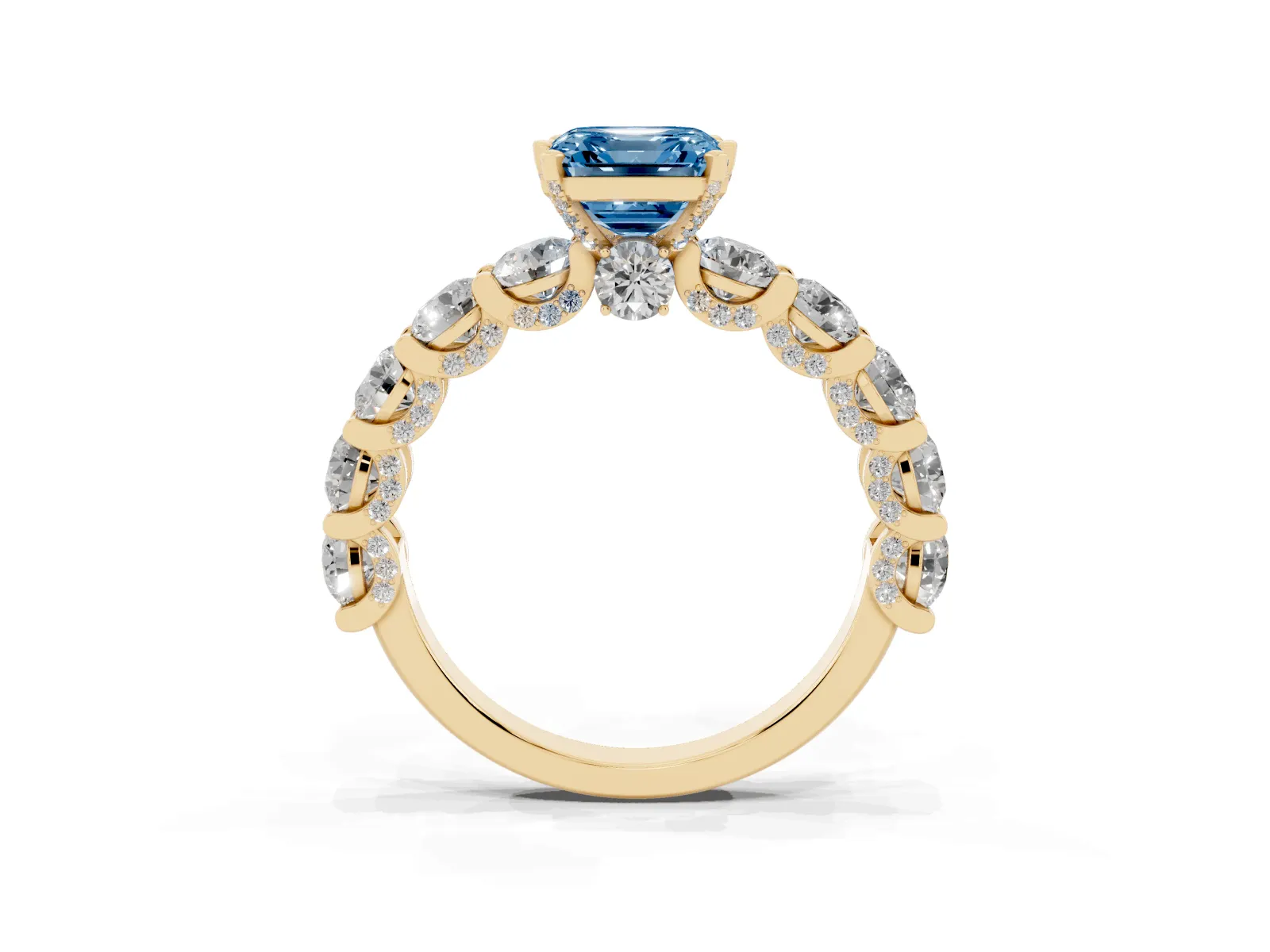 Fancy Blue Asscher Cut Diamond Side Stone Engagement Ring with Four-Prong Setting Yellow gold