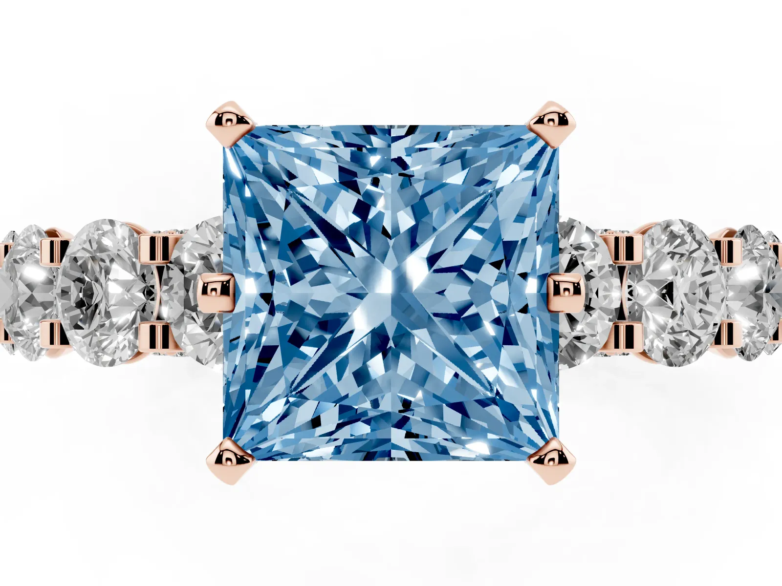 Fancy Blue Princess Cut Diamond Side Stone Engagement Ring with Four-Prong Setting Rose gold
