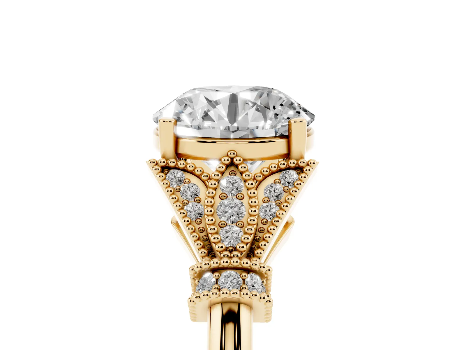 Round Cut Diamond Solitaire Ring with Floral Filigree and Pave Accents Yellow gold