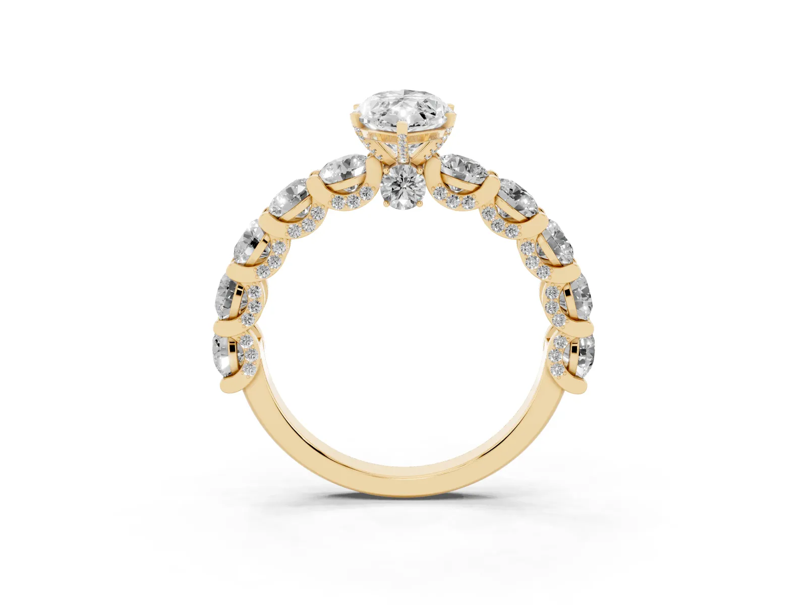 Marquise Cut Diamond Side Stone Engagement Ring with Four-Prong Setting Yellow gold