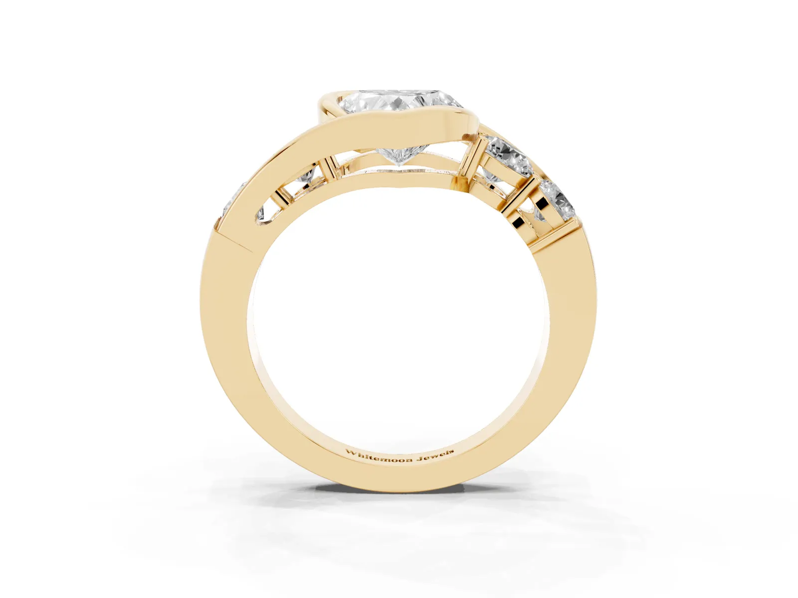 Bezel Set Heart Cut Diamond Bypass Ring with Round Accents Yellow gold