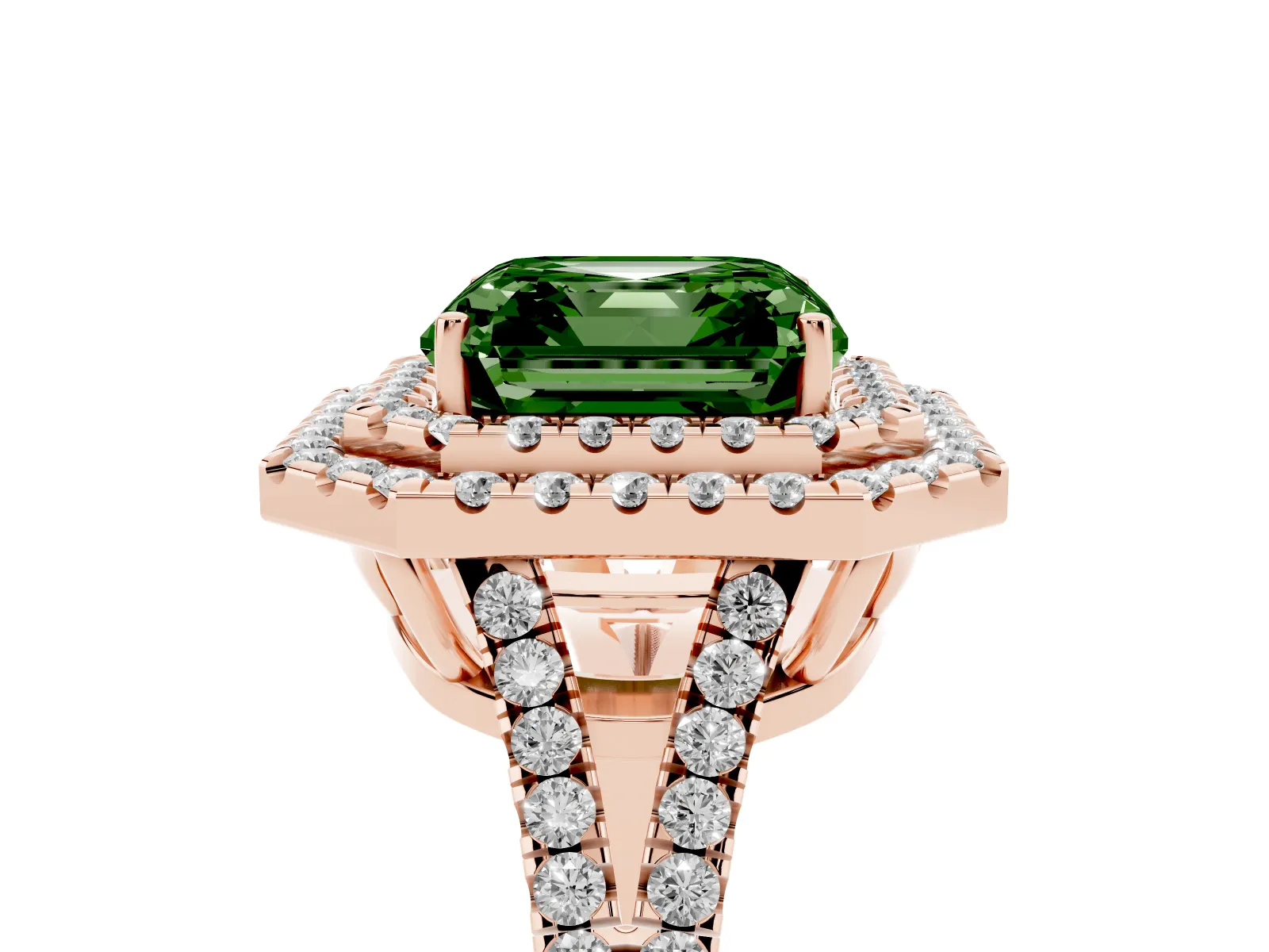 Fancy Green Asscher Cut Diamond Double Halo Ring with Pavé Band and Prong Setting Rose gold