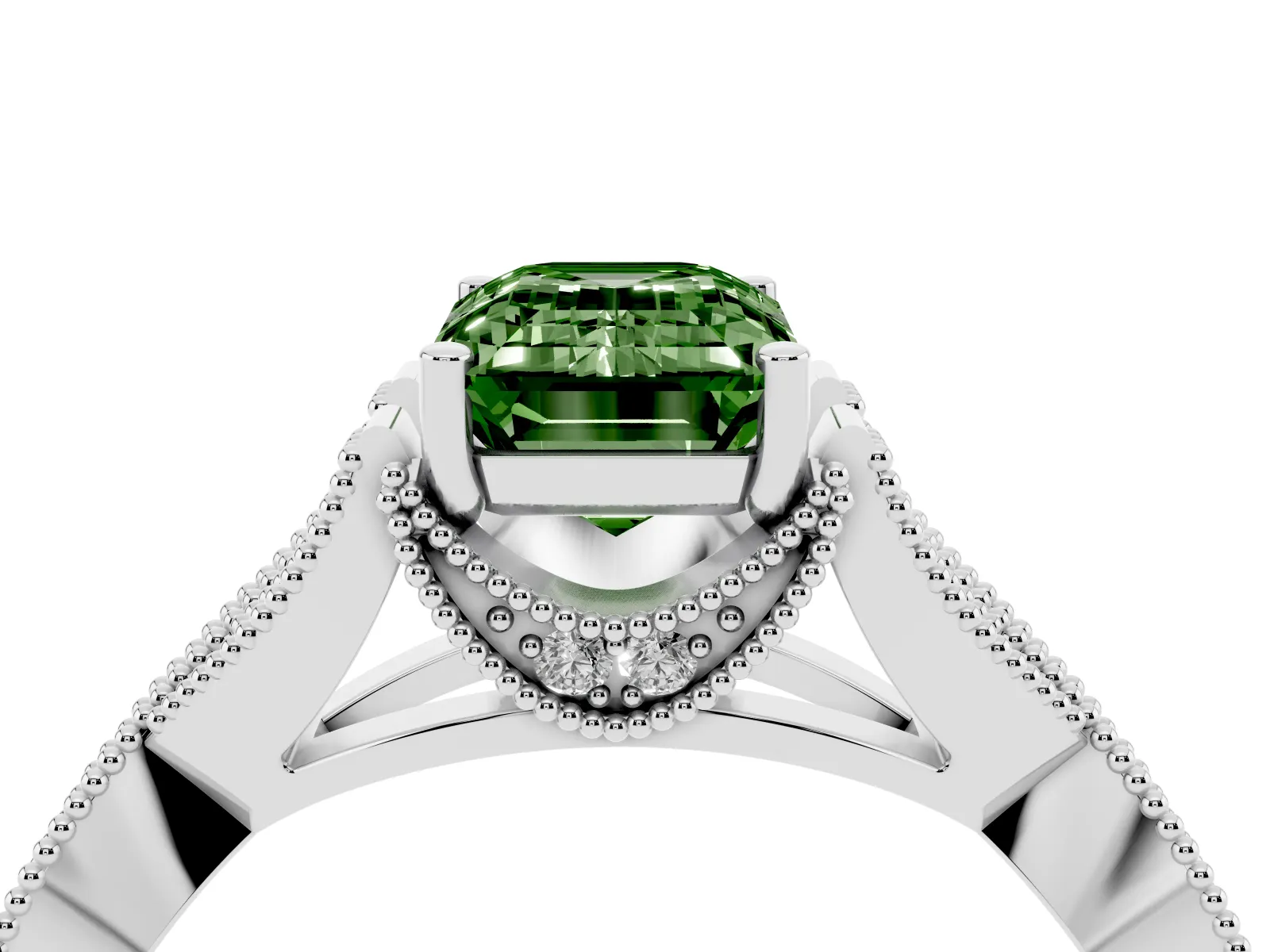 Fancy Green Emerald Cut Cut Diamond Twisted Band with Milgrain Pave Setting and Four-Prong Setting Platinum