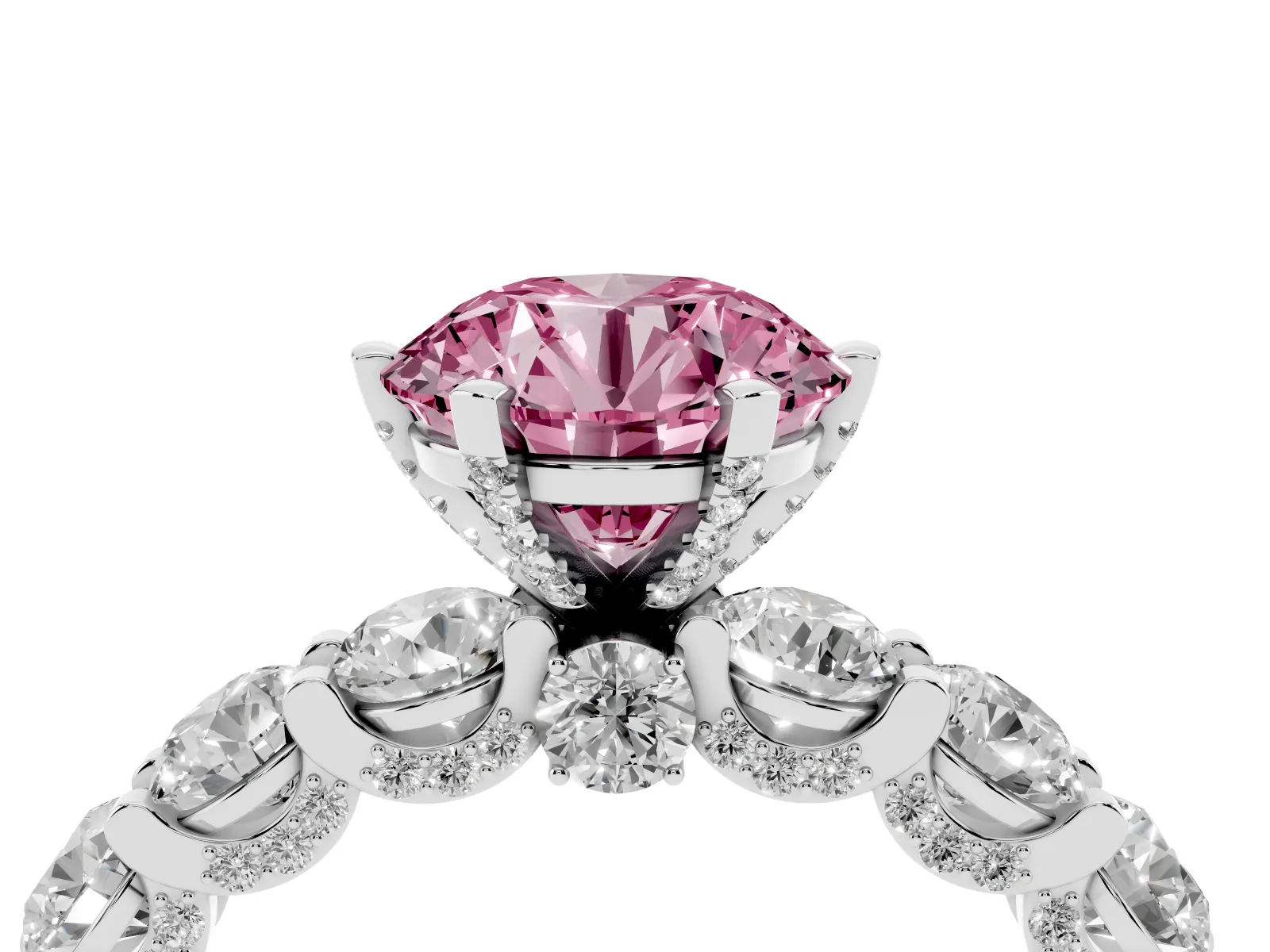 Fancy Pink Round Cut Diamond Side Stone Engagement Ring with Four-Prong Setting Platinum