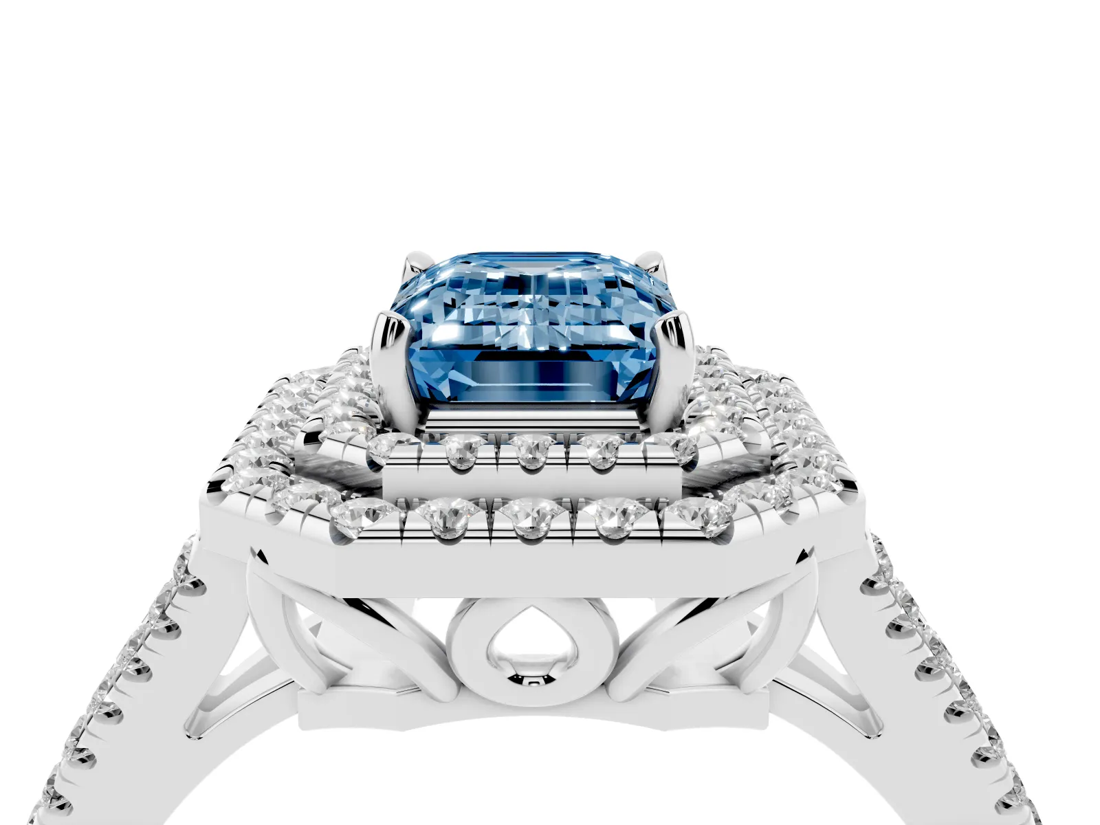Fancy Blue Emerald Cut Diamond Double Halo Ring with Pavé Band and Prong Setting Platinum