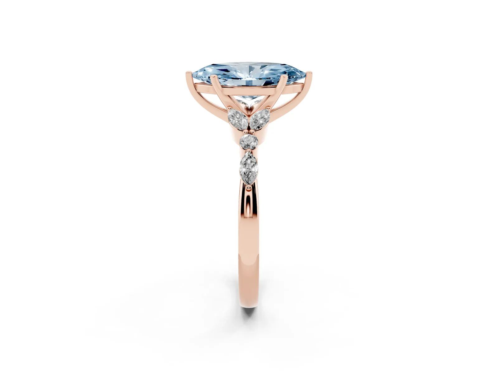 Fancy Blue Marquise Cut Diamond Solitaire Ring with Side Stones and Four-Prong Setting Rose gold