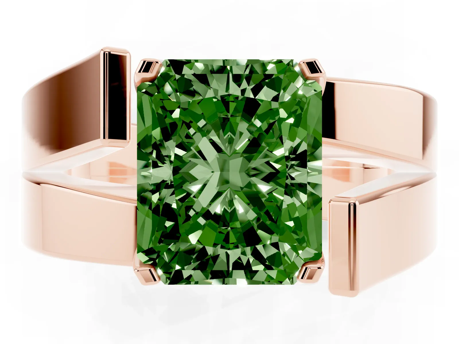 Fancy Green Modern Tension Set Radiant Cut Diamond Solitaire Wide Band Ring Rose gold