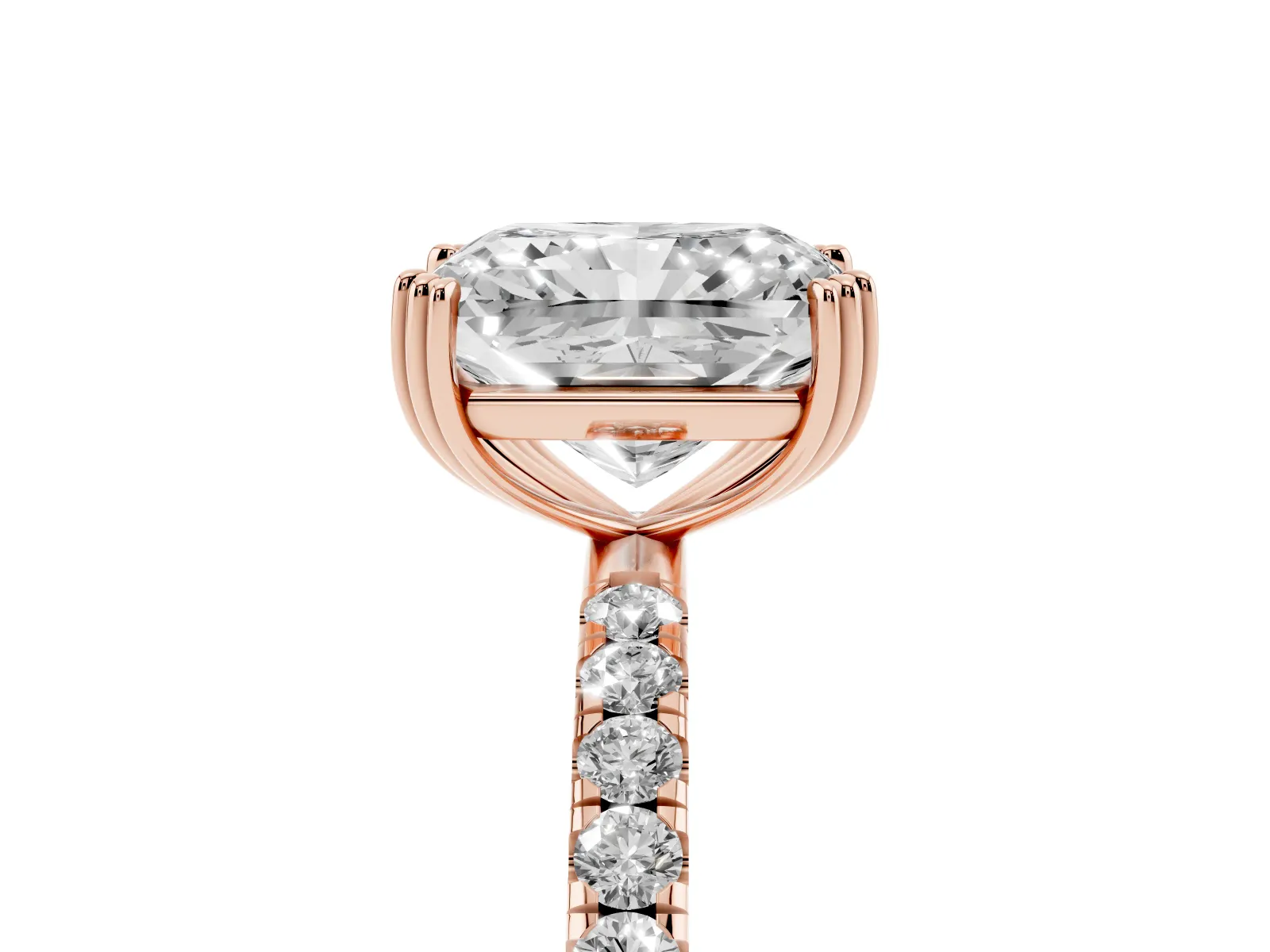 Radiant Cut Brilliant Solitaire with Pavé Band and Claw Prong Setting Rose gold