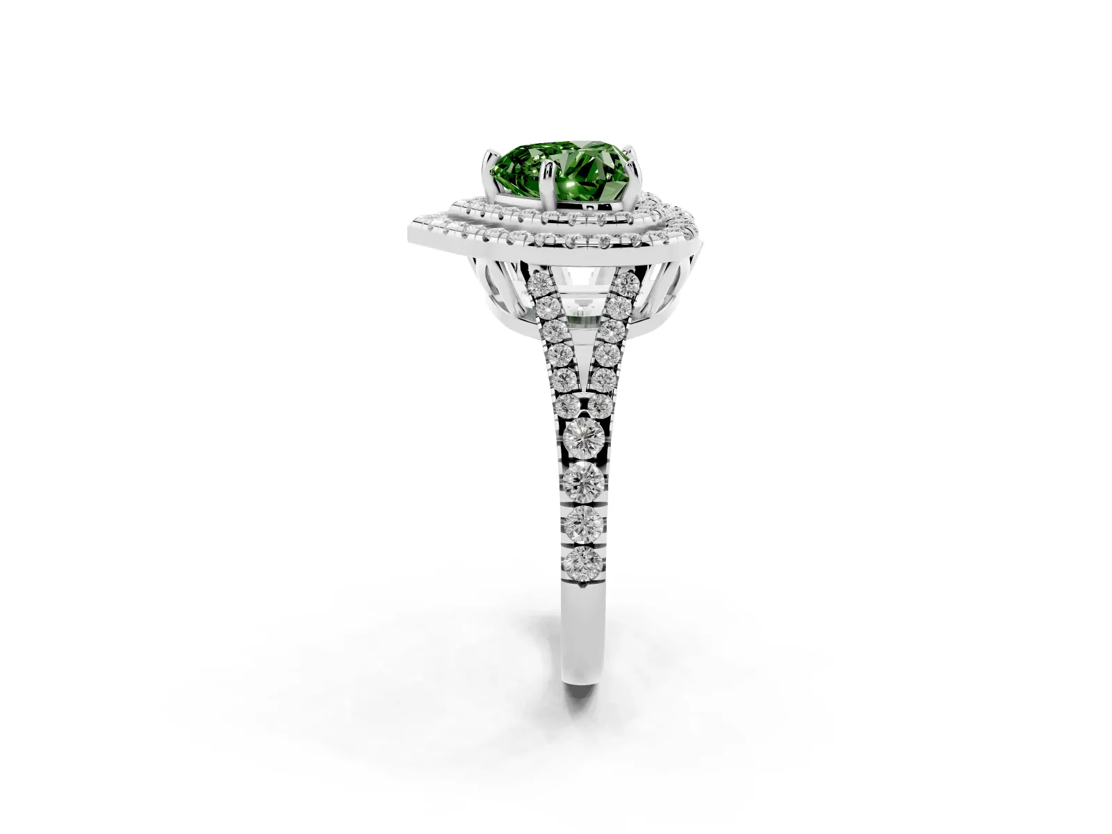 Fancy Green Heart Cut Diamond Double Halo Ring with Pavé Band and Prong Setting Platinum