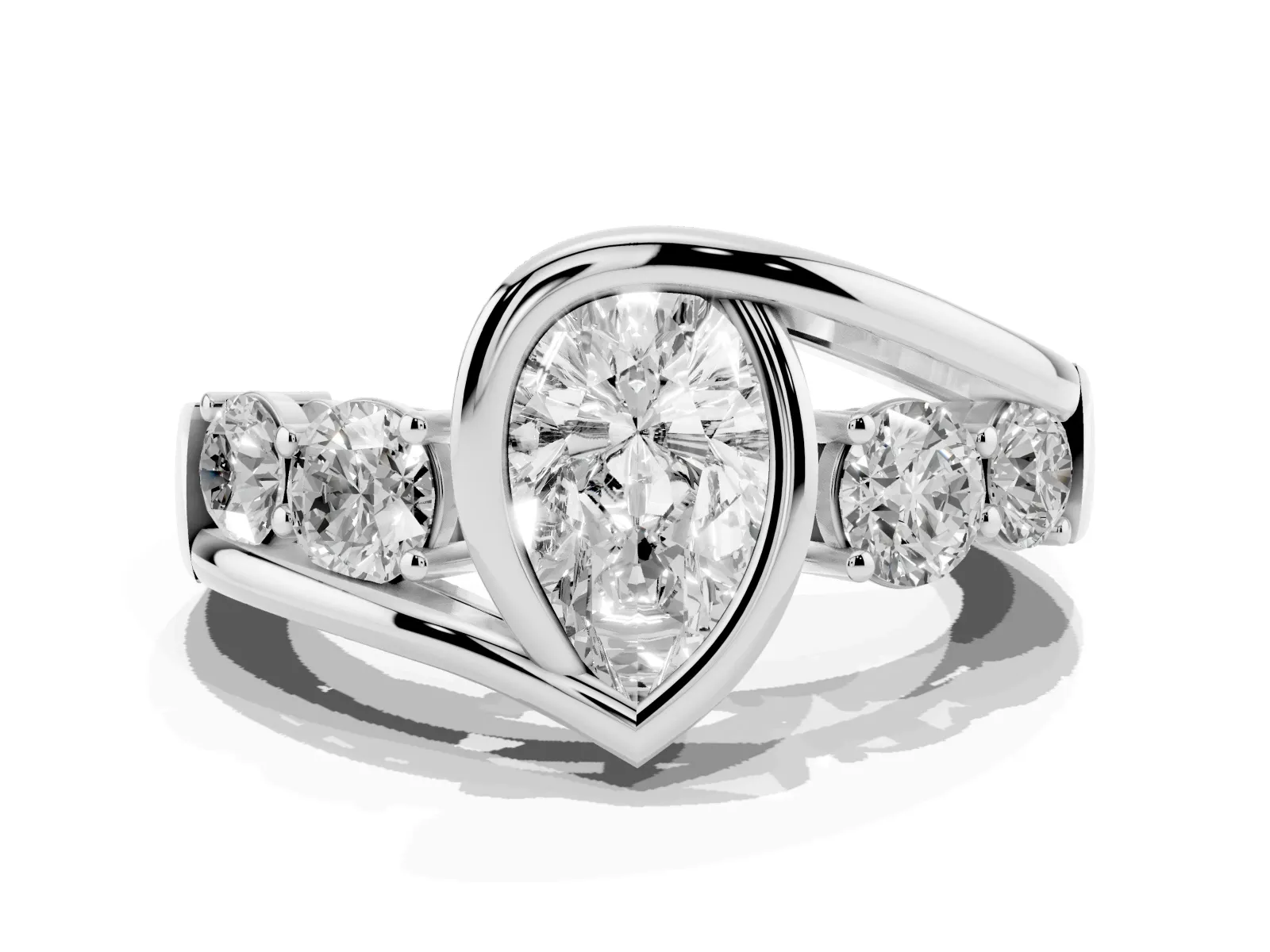 Bezel Set Pear Cut Diamond Bypass Ring with Round Accents White gold