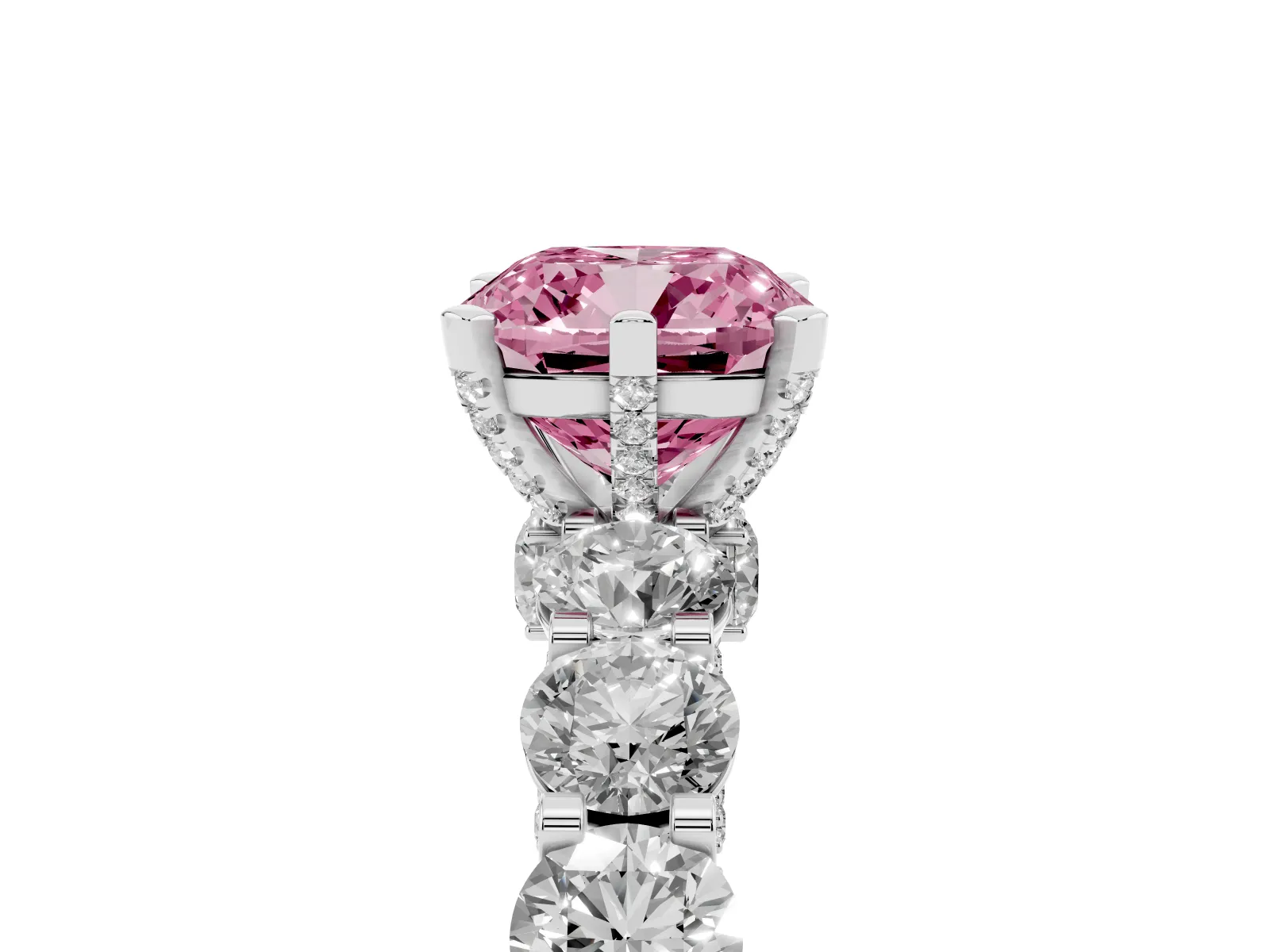Fancy Pink Cushion Cut Diamond Side Stone Engagement Ring with Four-Prong Setting Platinum