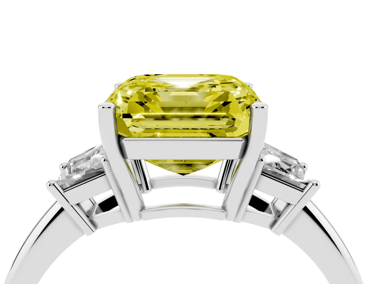 Fancy Yellow Asscher Cut Diamond Three-Stone Ring with Trapezoid Side Stones and Prong Setting White gold