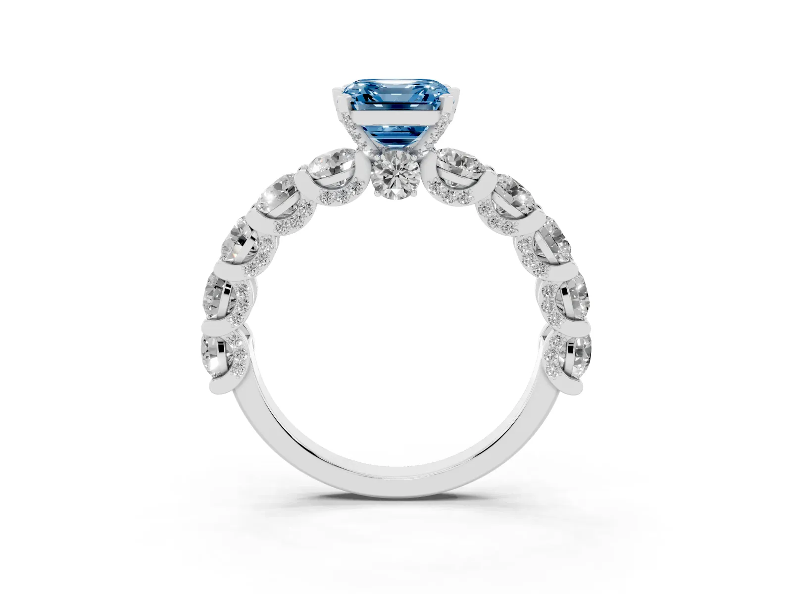 Fancy Blue Asscher Cut Diamond Side Stone Engagement Ring with Four-Prong Setting White gold