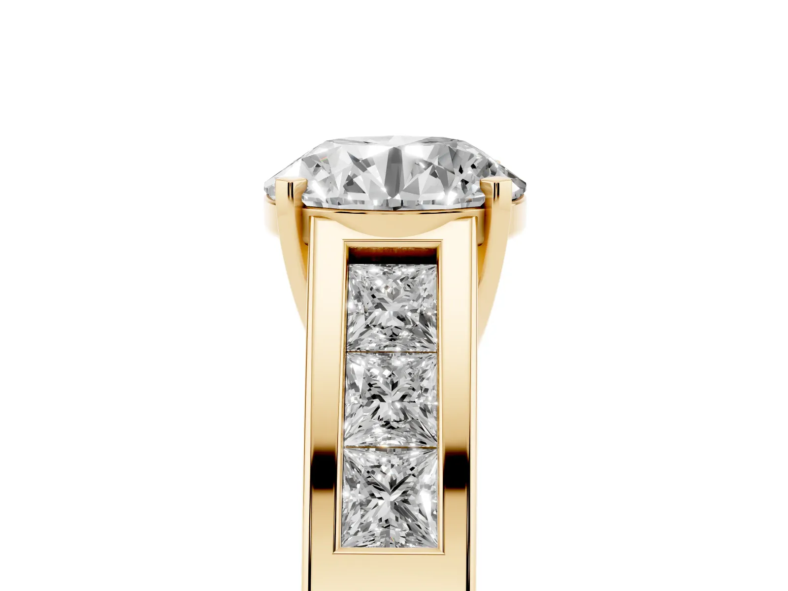 Round Cut Cut Channel Set Solitaire Ring with Four-Prong Setting Yellow gold