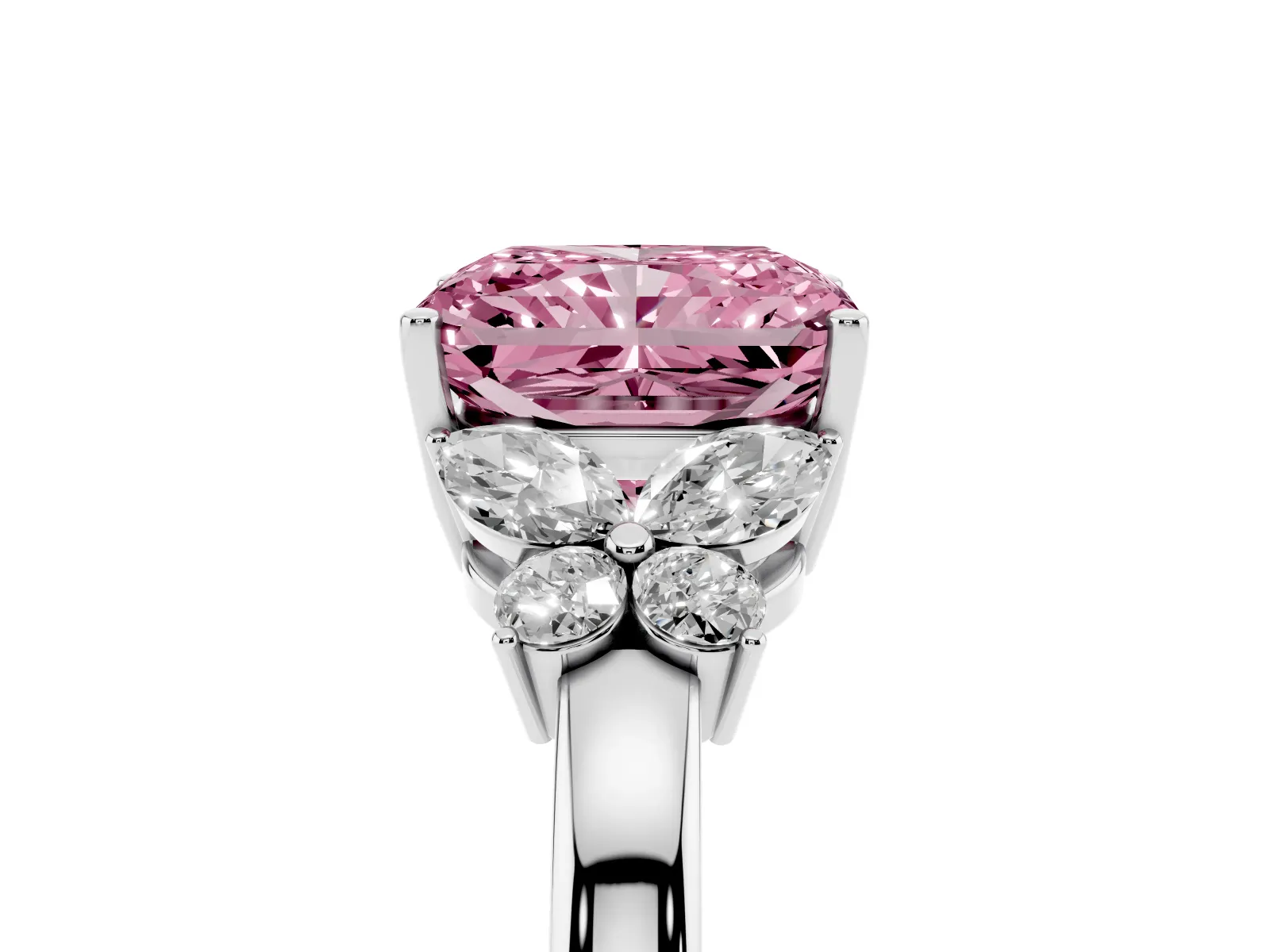 Fancy Pink Radiant Cut Cut Solitaire Floral Diamond Ring with Four-Prong Setting Platinum