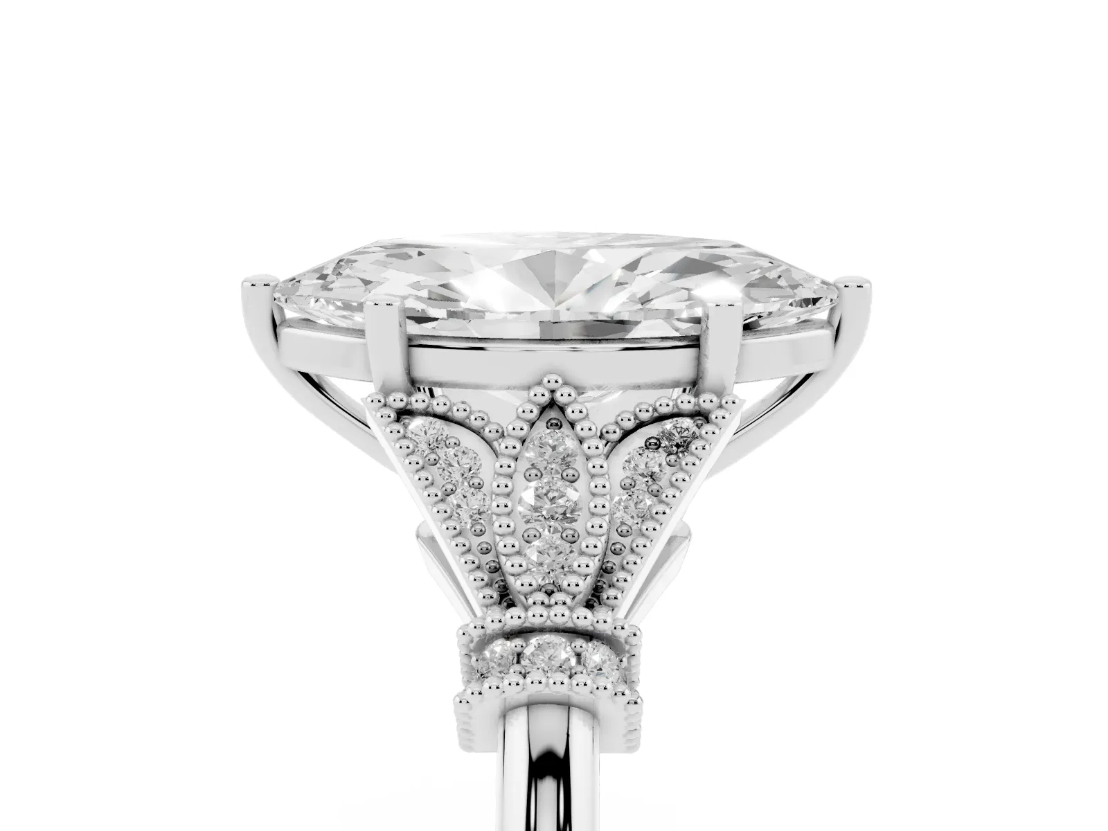 Marquise Cut Diamond Solitaire Ring with Floral Filigree and Pave Accents Platinum