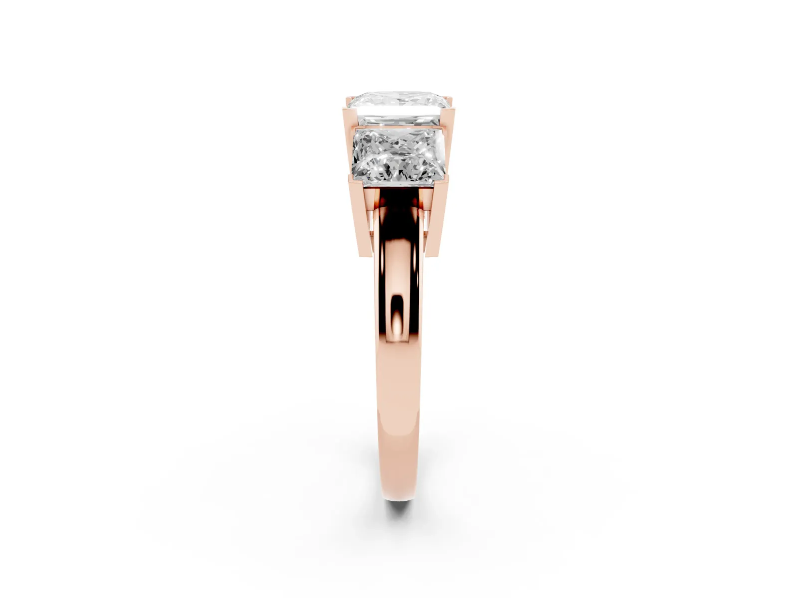 Three-Stone Princess Cut Cut Diamond Ring with Channel Set Band and Four-Prong Setting Rose gold