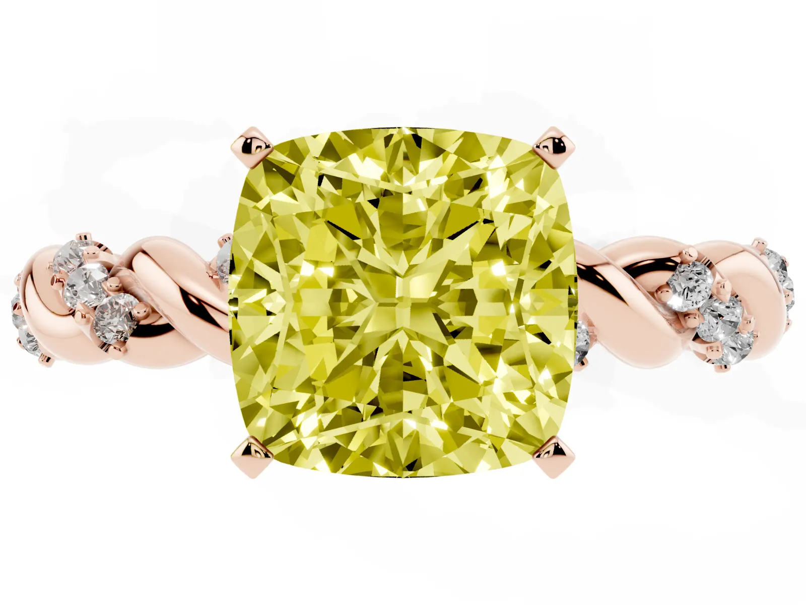 Fancy Yellow Cushion Cut Diamond Solitaire Ring with Twisted Band and Pavé Accents Rose gold