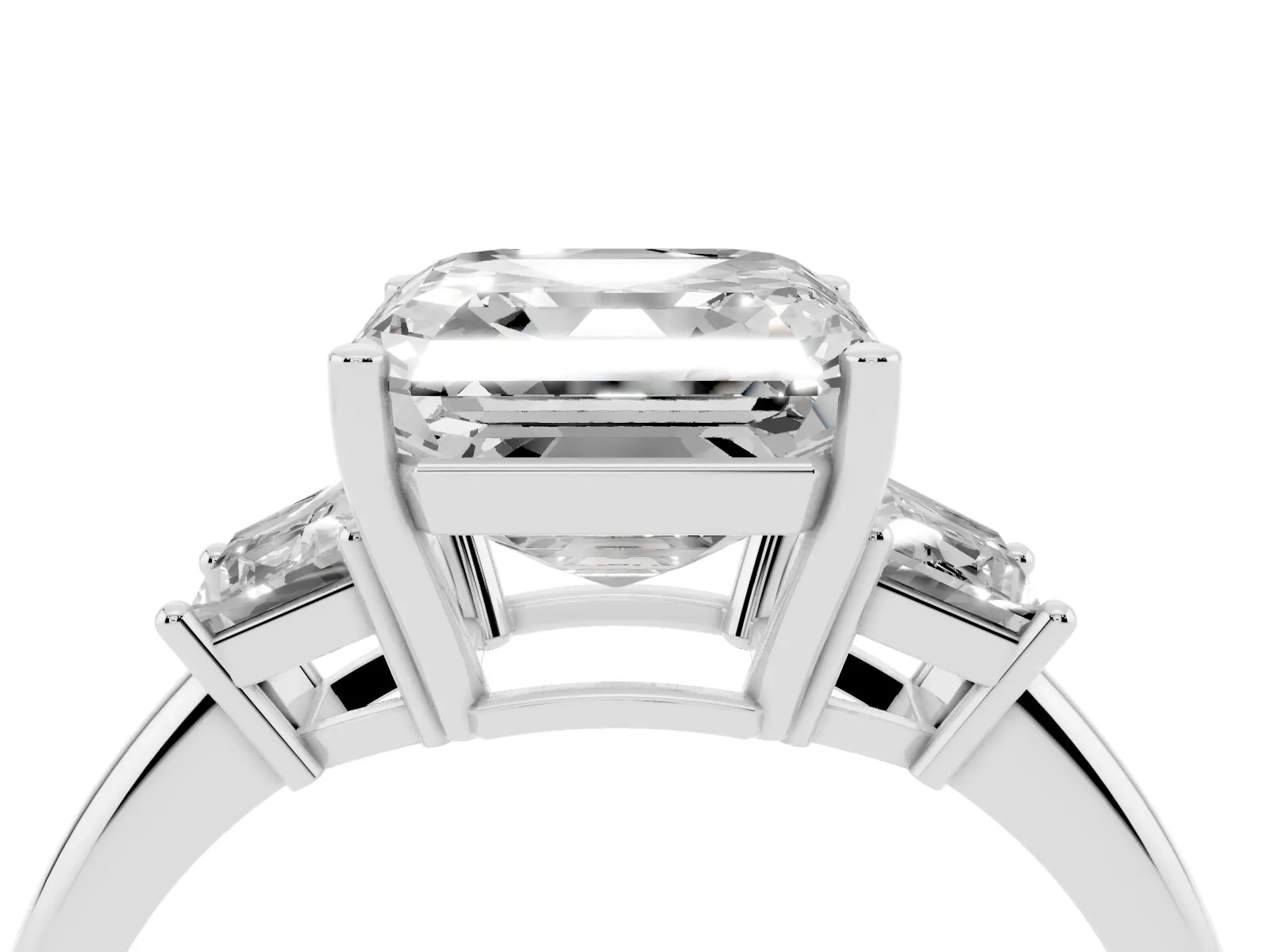 Asscher Cut Diamond Three-Stone Ring with Trapezoid Side Stones and Prong Setting White gold