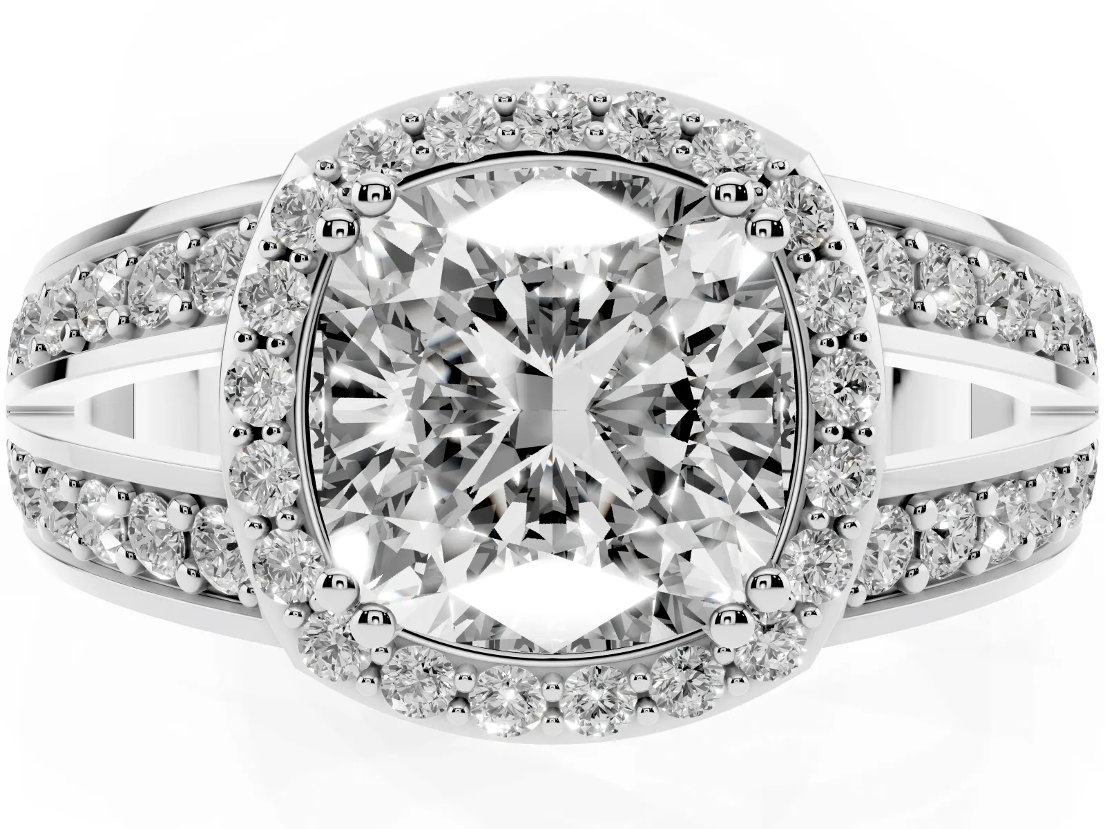 Cushion Cut Diamond Halo Ring with Split Shank Pavé Band and Four-Prong Setting Platinum