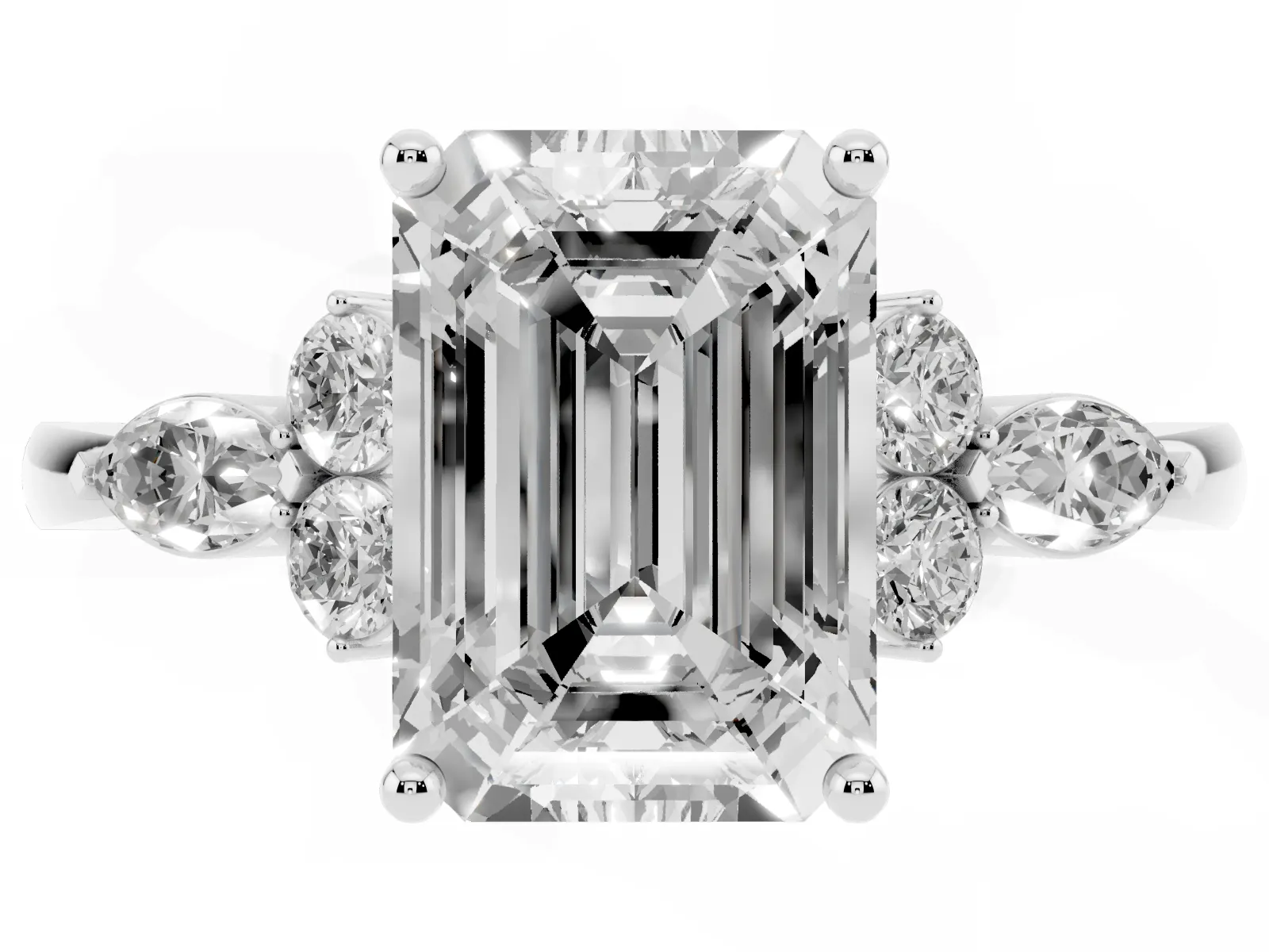 Emerald Cut Brilliant Diamond Solitaire Ring with Pear Side Stones and Four-Prong Setting Platinum