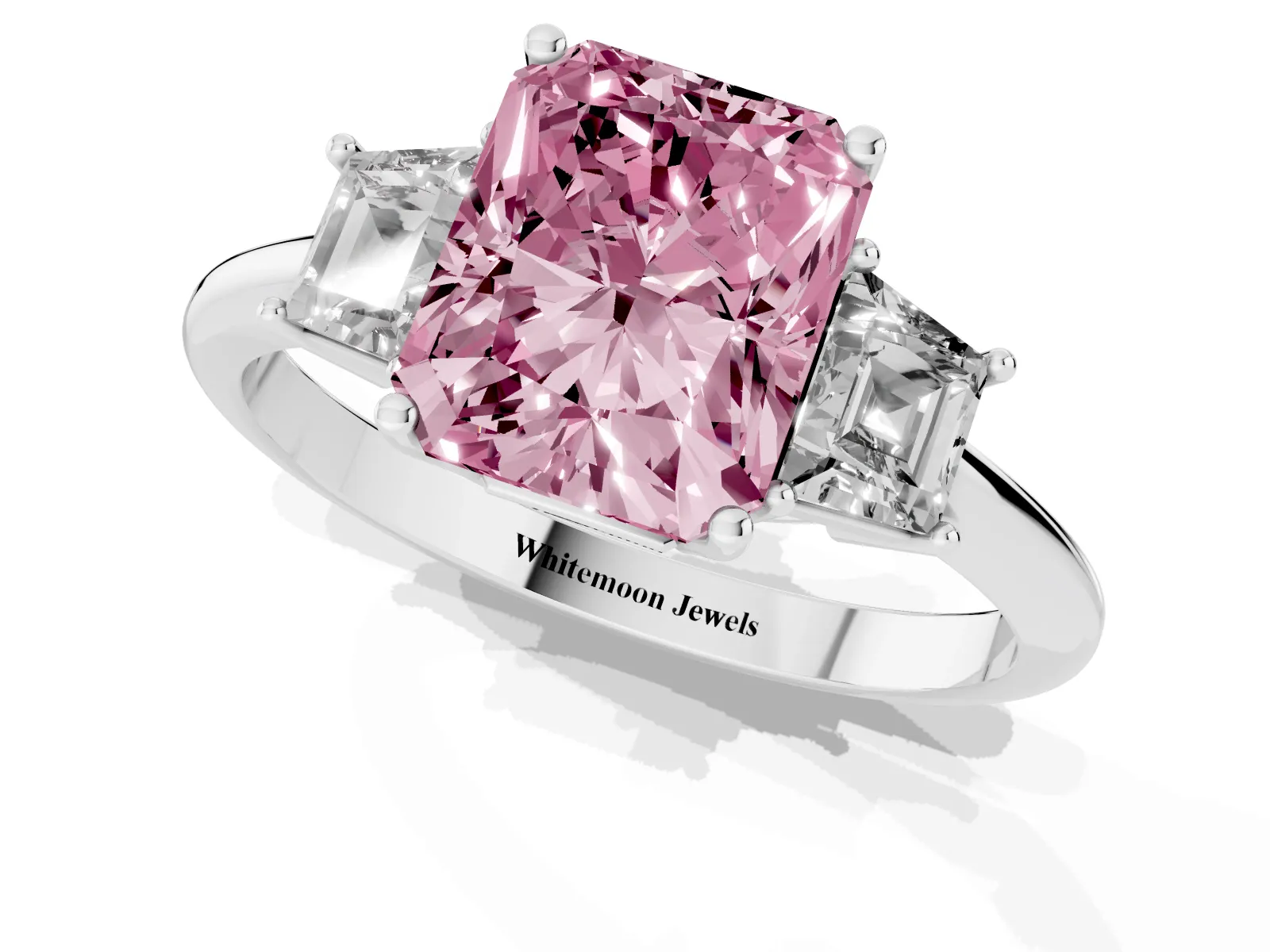 Fancy Pink Radiant Cut Diamond Three-Stone Ring with Trapezoid Side Stones and Prong Setting Platinum
