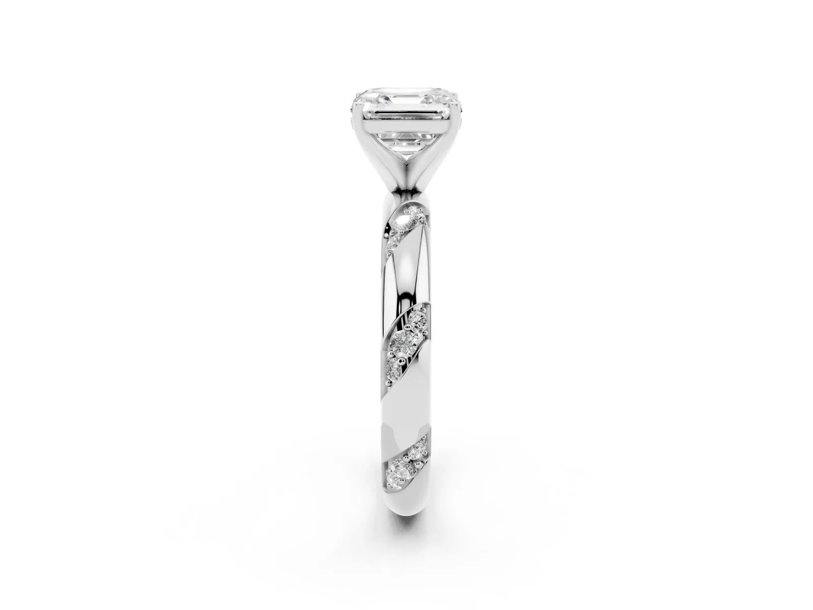Asscher Cut Diamond Solitaire Engagement Ring with Twisted Round Accent Band and Prong Setting Platinum