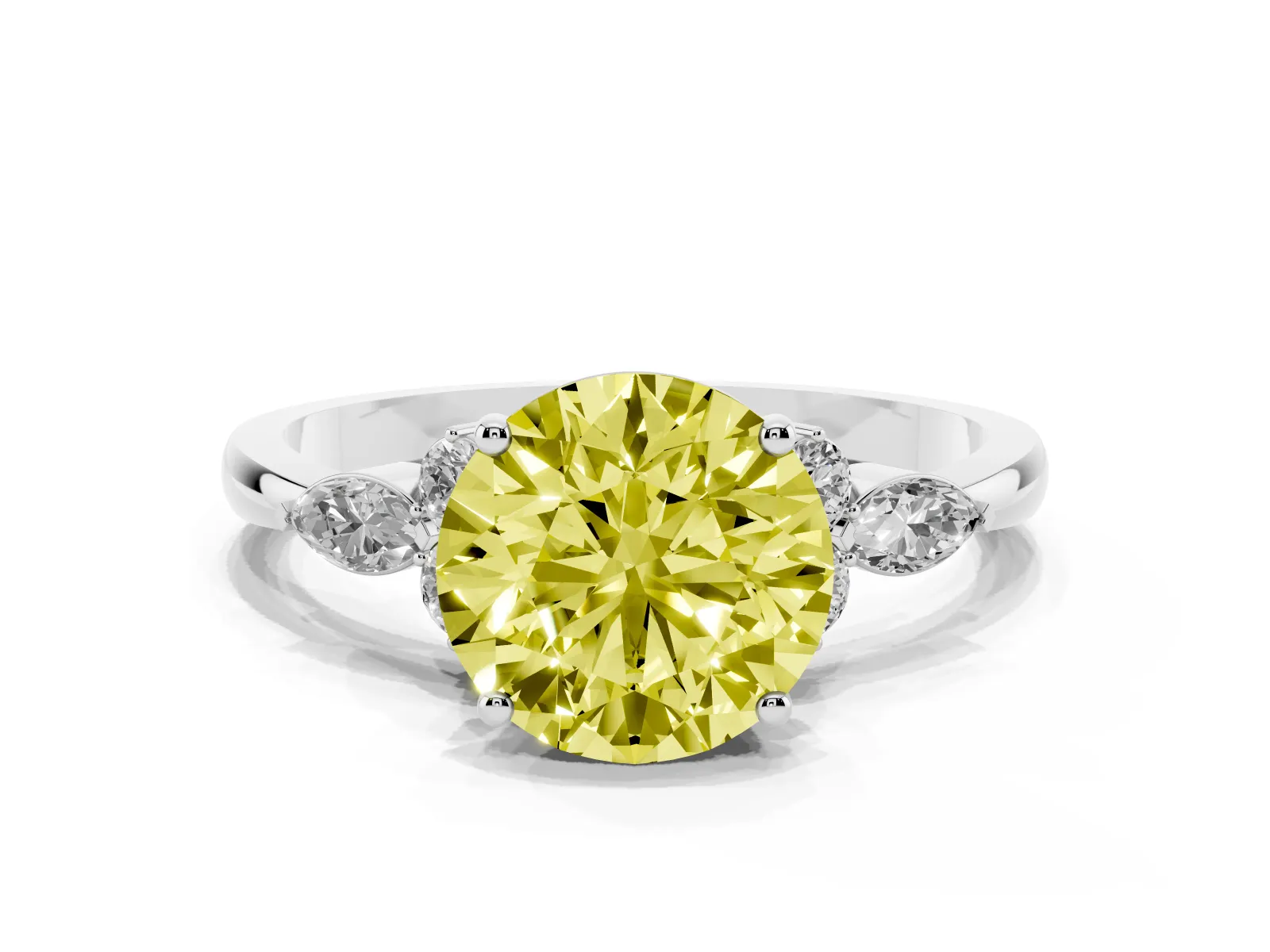 Fancy Yellow Round Cut Brilliant Diamond Solitaire Ring with Pear Side Stones and Four-Prong Setting Platinum