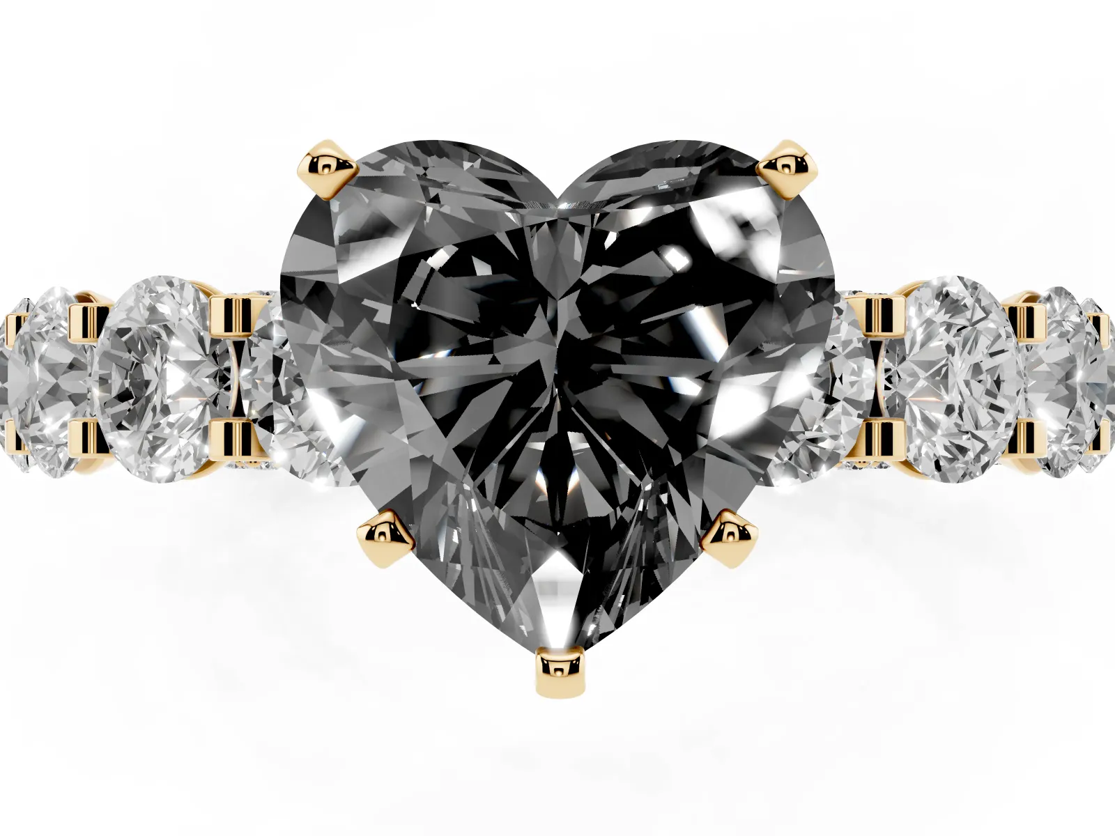 Fancy Black Heart Cut Diamond Side Stone Engagement Ring with Four-Prong Setting Yellow gold