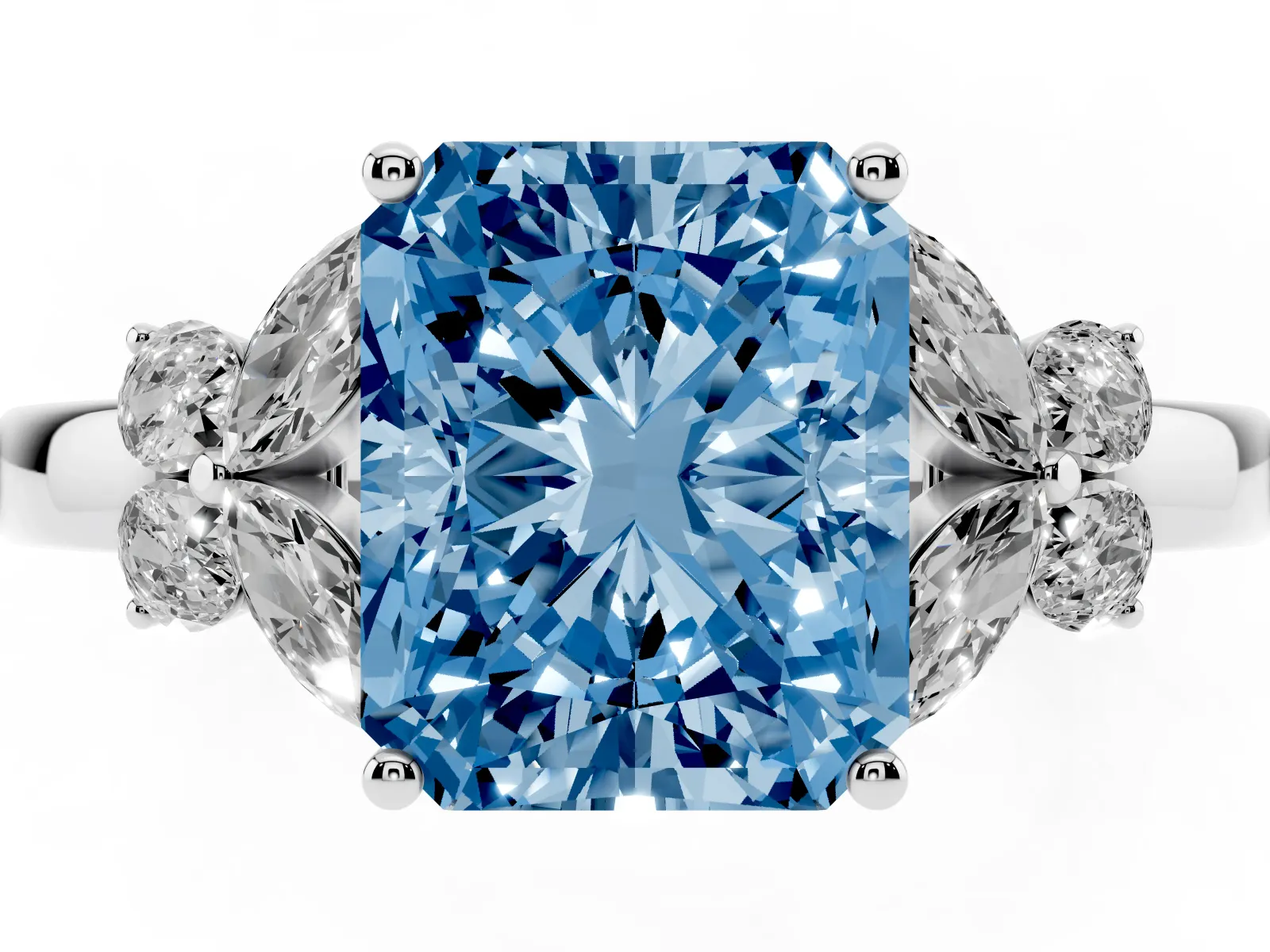Fancy Blue Radiant Cut Cut Solitaire Floral Diamond Ring with Four-Prong Setting Platinum