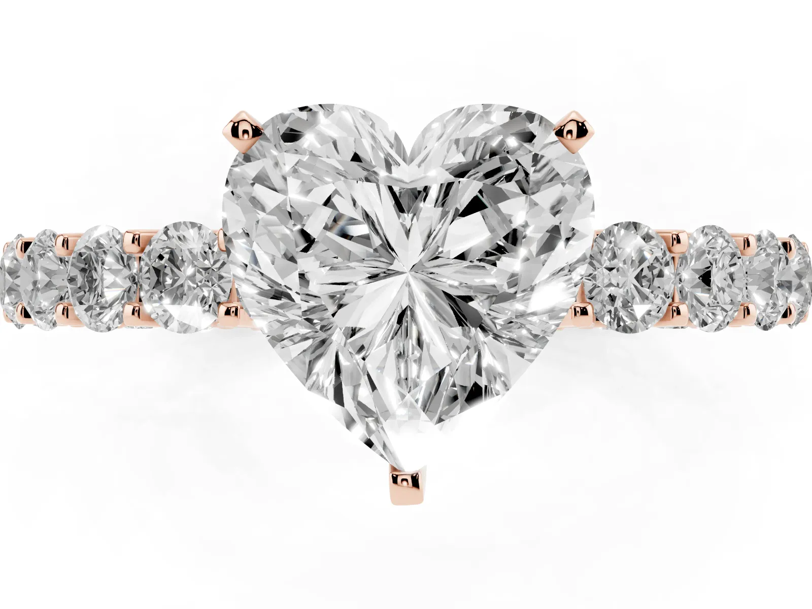 Heart Cut Diamond Solitaire Ring with Shared Prong Pavé Band and Four-Prong Setting Rose gold
