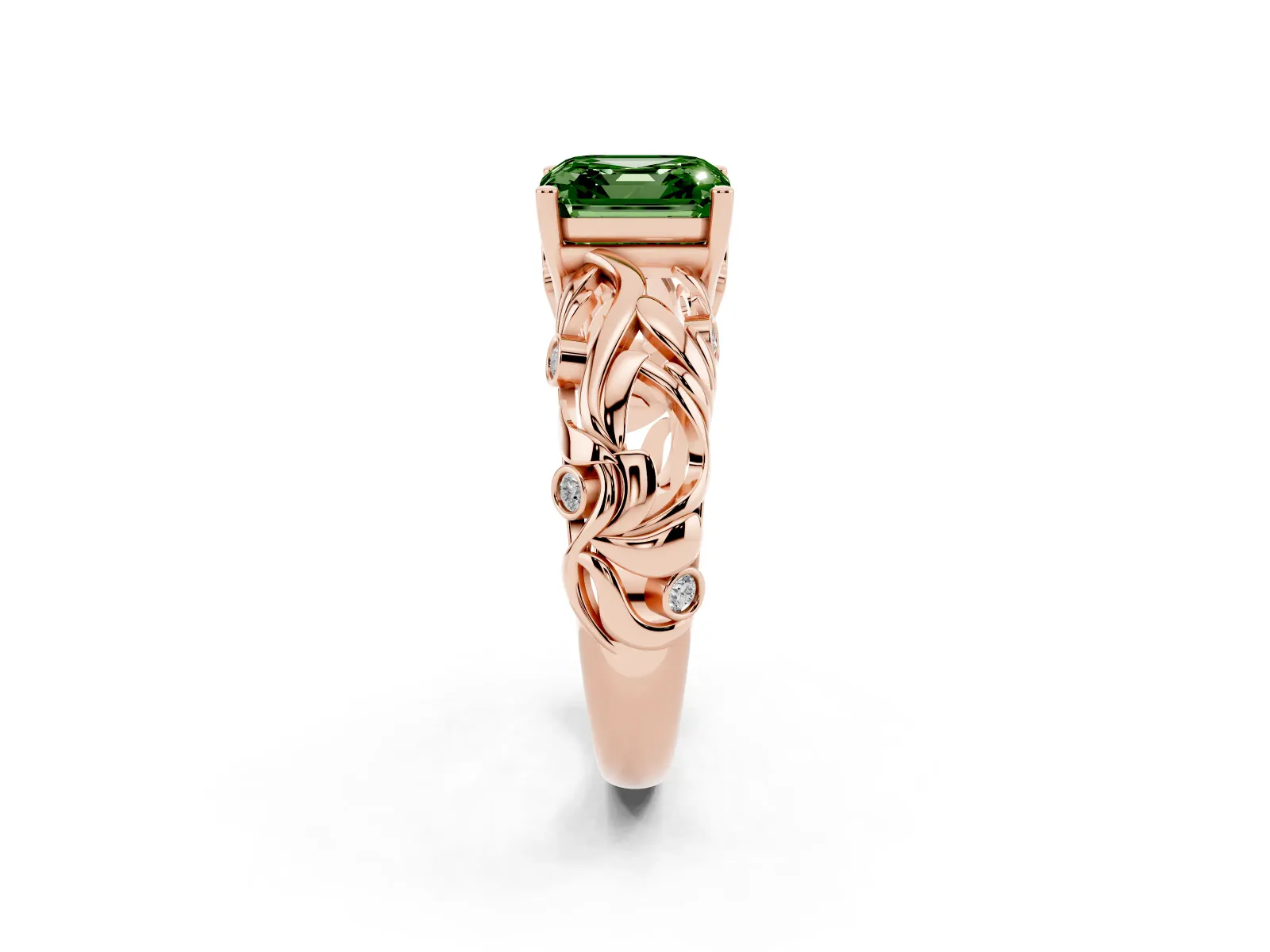 Fancy Green Asscher Cut Solitaire Diamond Leaf-Inspired Vine Band Ring with Prong Setting Rose gold
