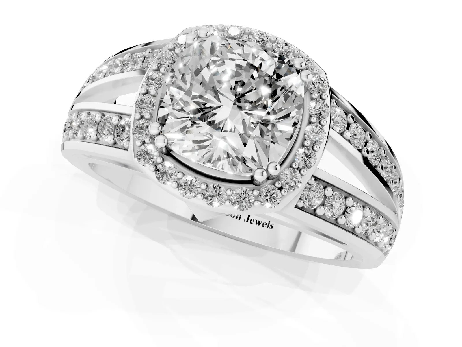 Cushion Cut Diamond Halo Ring with Split Shank Pavé Band and Four-Prong Setting Platinum