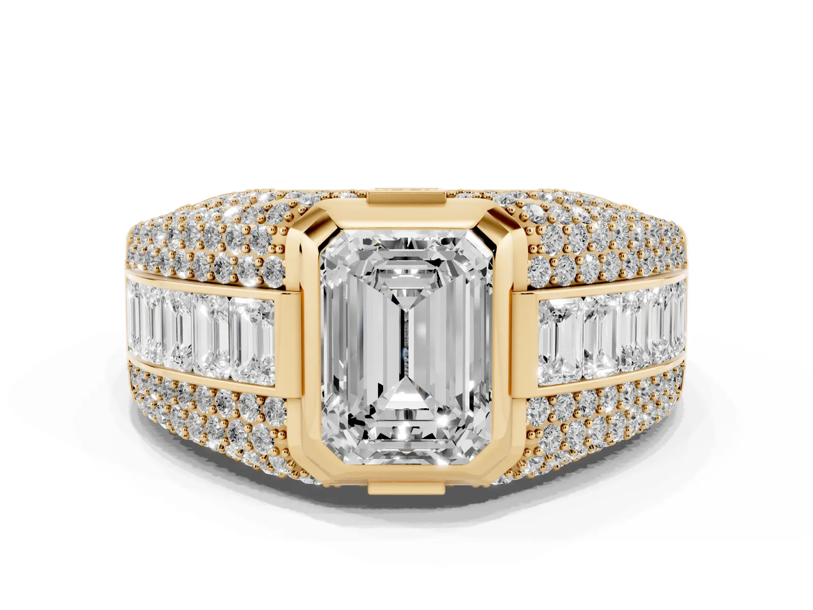 Emerald Cut Diamond Mens Ring with Side Stones Yellow gold