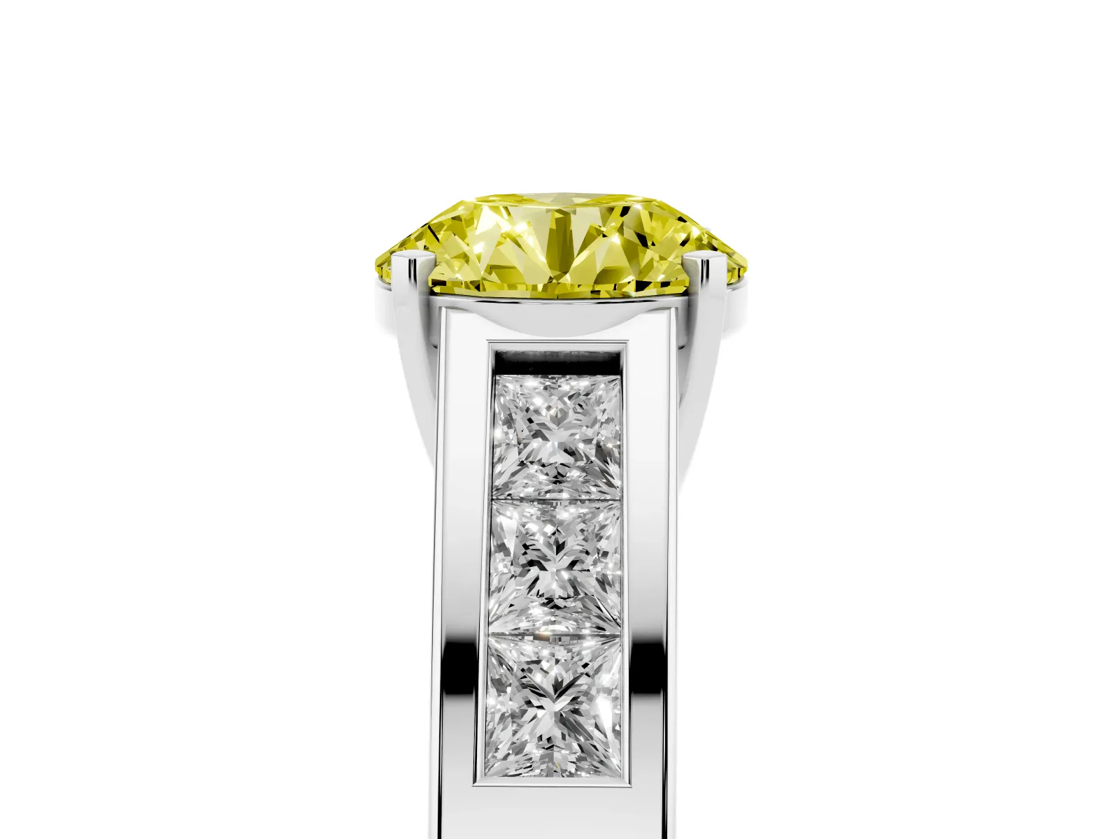 Fancy Yellow Round Cut Cut Channel Set Solitaire Ring with Four-Prong Setting Platinum