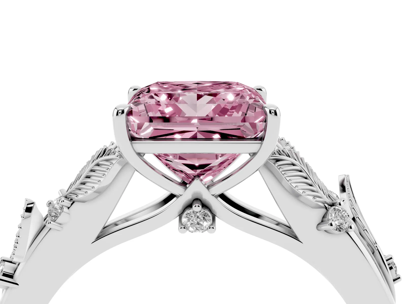 Fancy Pink Princess Cut Diamond Solitaire Ring with Leaf Motif Band and Four-Prong Setting Platinum