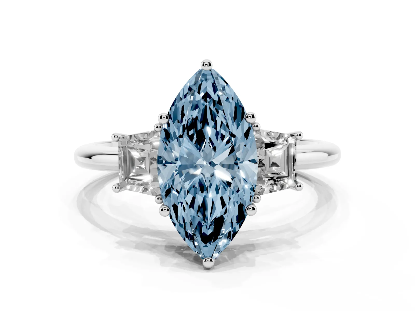 Fancy Blue Marquise Cut Diamond Three-Stone Ring with Trapezoid Side Stones and Prong Setting Platinum
