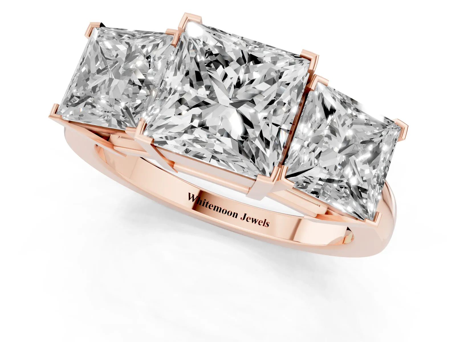 Three-Stone Princess Cut Cut Diamond Ring with Channel Set Band and Four-Prong Setting Rose gold