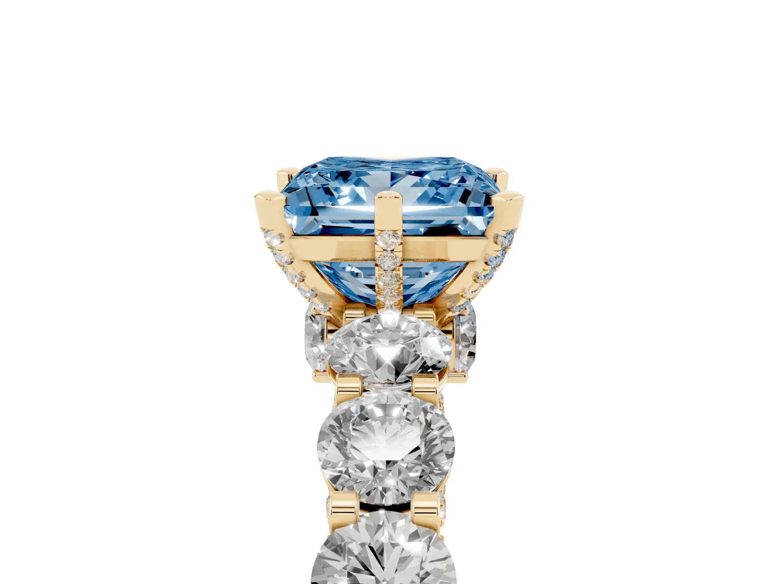 Fancy Blue Princess Cut Diamond Side Stone Engagement Ring with Four-Prong Setting Yellow gold