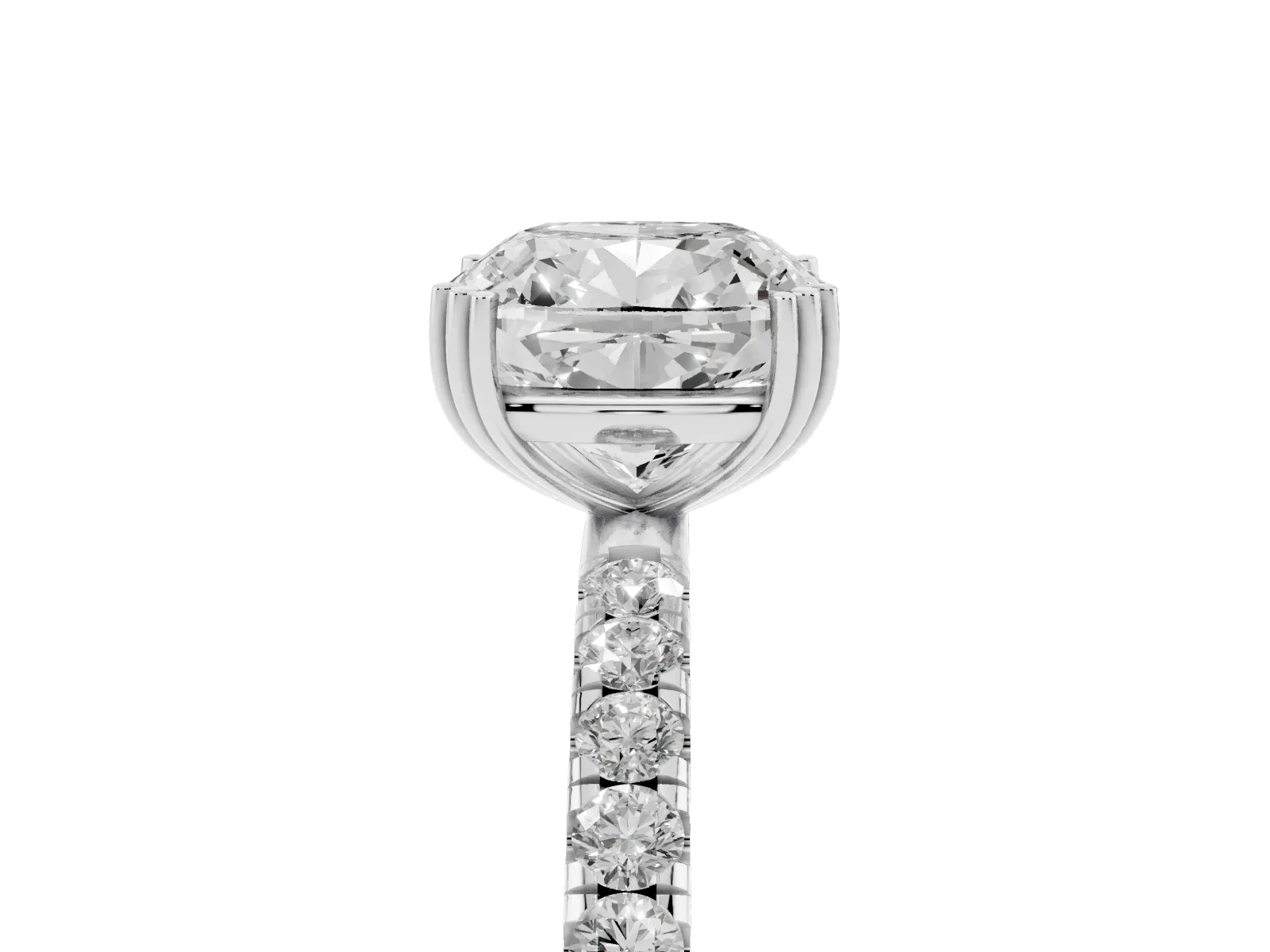 Cushion Cut Brilliant Solitaire with Pavé Band and Claw Prong Setting Silver