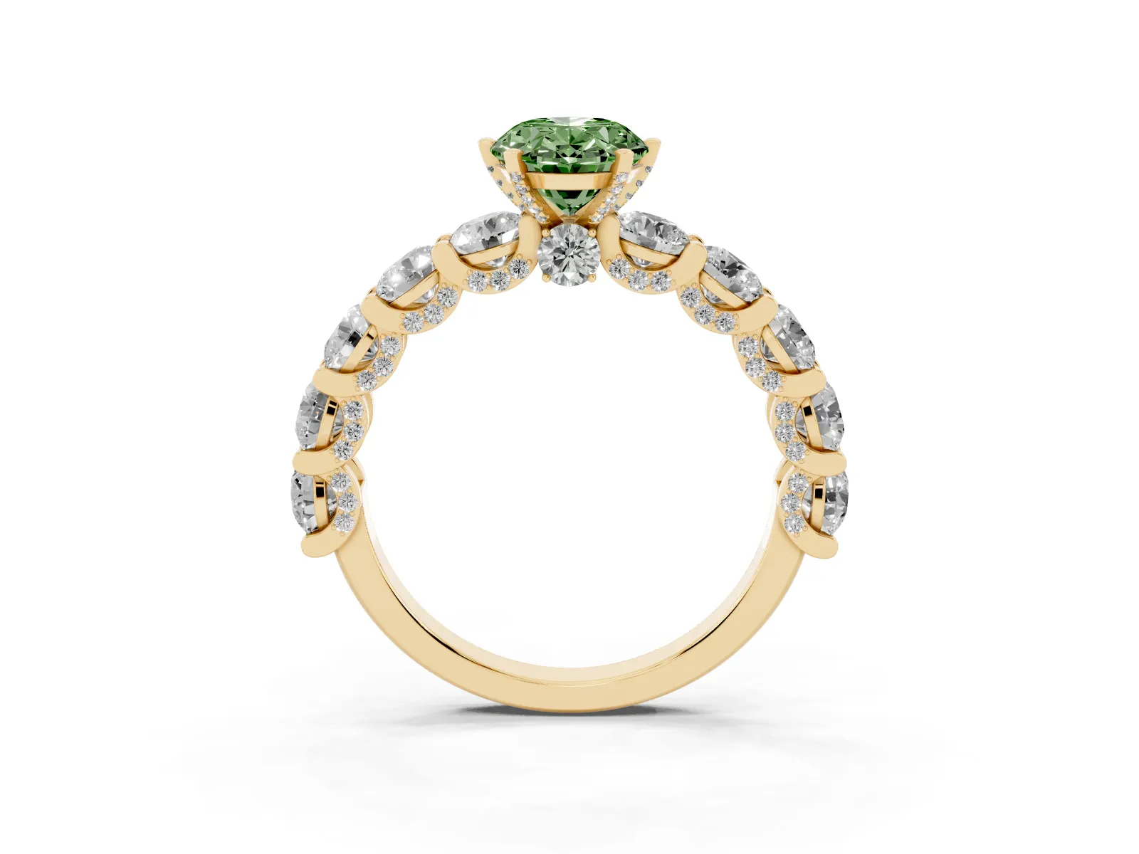 Fancy Green Oval Cut Diamond Side Stone Engagement Ring with Four-Prong Setting Yellow gold