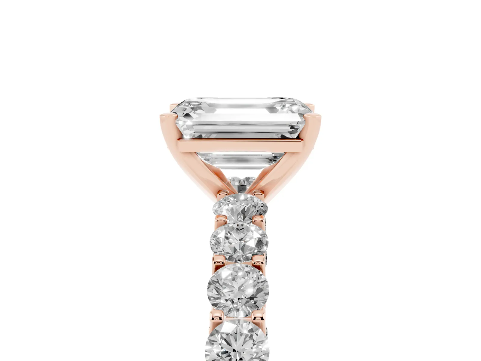 Emerald Cut Diamond Solitaire Ring with Shared Prong Pavé Band and Four-Prong Setting Rose gold