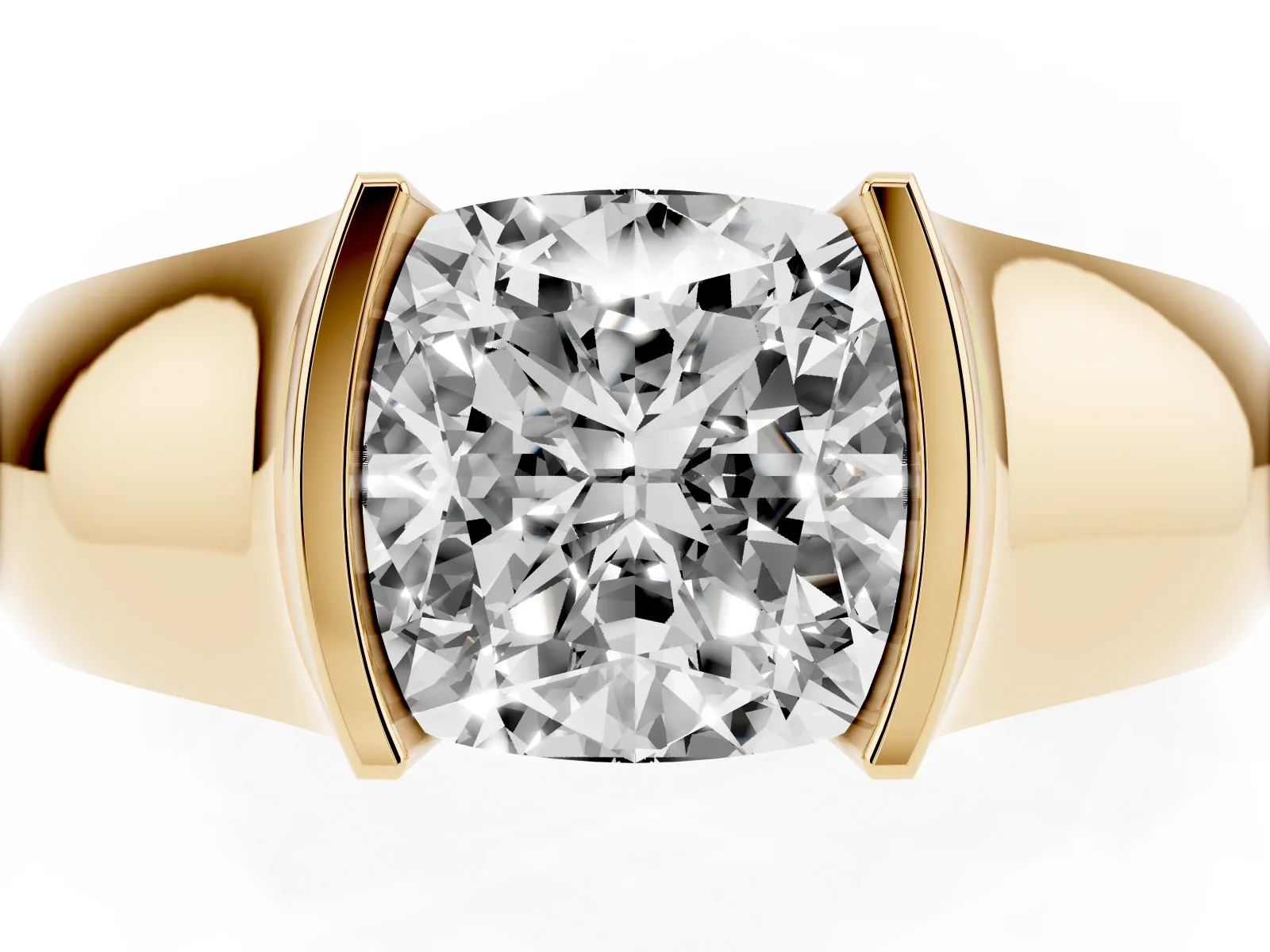 Cushion Cut Solitaire Bezel Set Diamond Ring with Wide Band Yellow gold