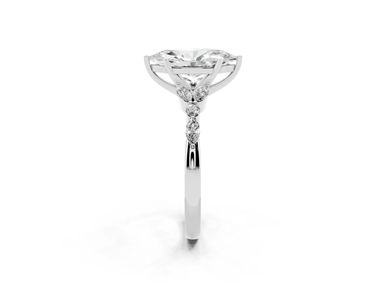 Marquise Cut Diamond Solitaire Ring with Side Stones and Four-Prong Setting Platinum