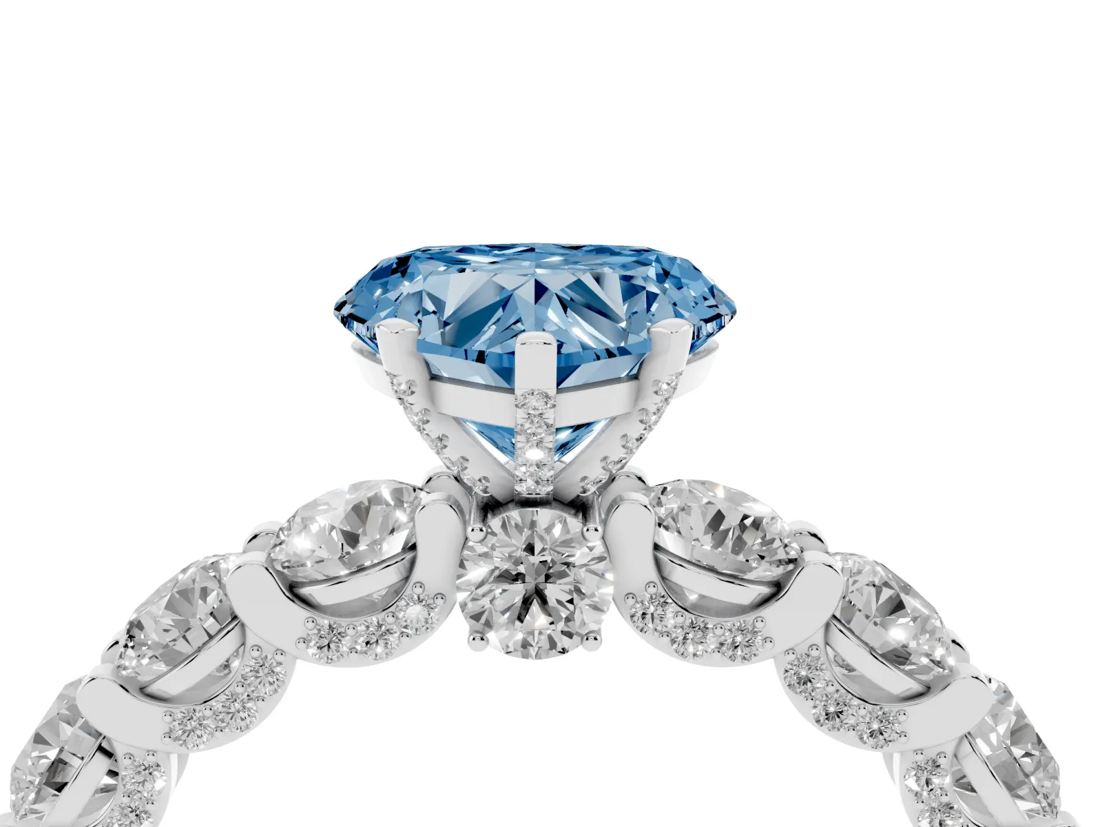Fancy Blue Heart Cut Diamond Side Stone Engagement Ring with Four-Prong Setting Platinum