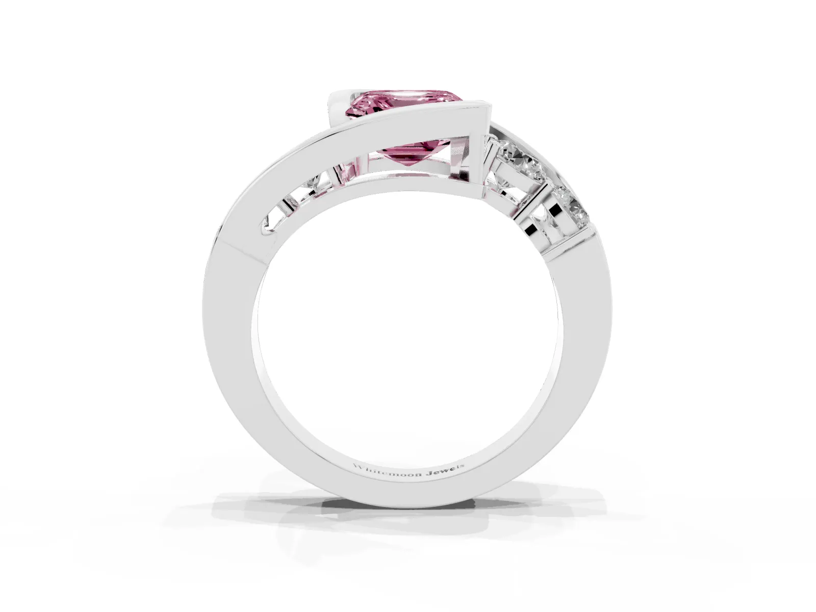 Fancy Pink Bezel Set Asscher Cut Diamond Bypass Ring with Round Accents Platinum