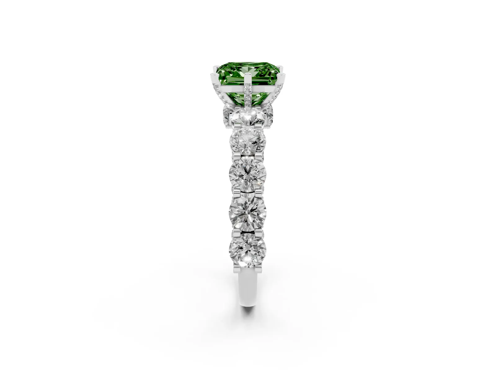 Fancy Green Princess Cut Diamond Side Stone Engagement Ring with Four-Prong Setting Platinum