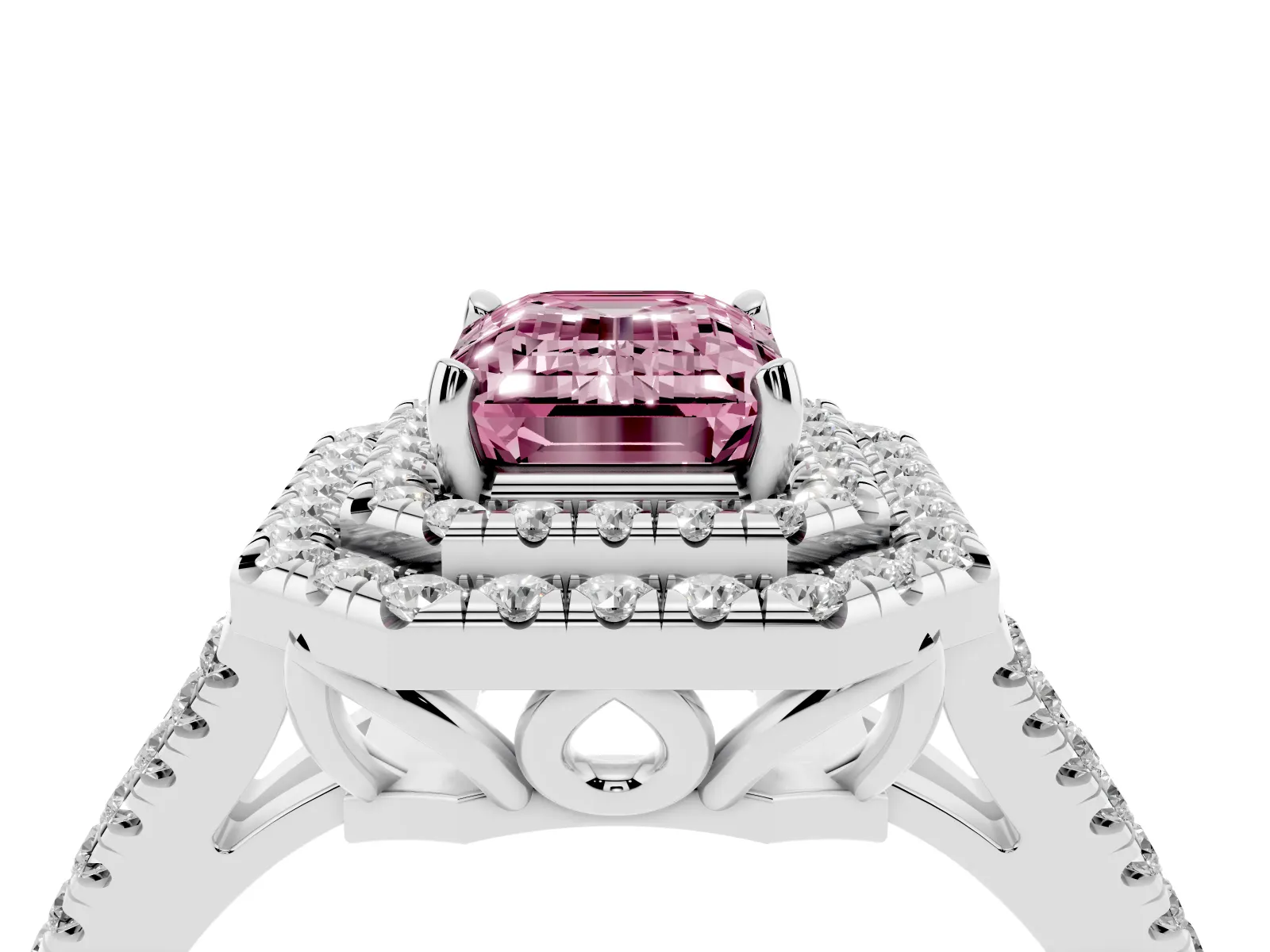 Fancy Pink Emerald Cut Diamond Double Halo Ring with Pavé Band and Prong Setting Platinum