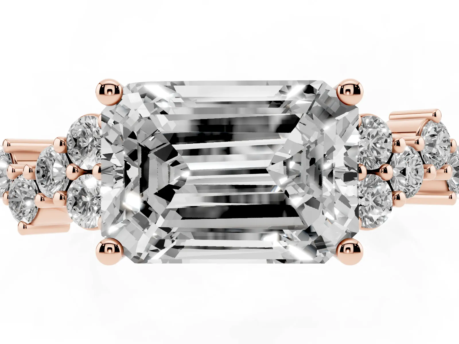 Emerald Cut Diamond Scattered Round Accent Ring with Prong Setting Rose gold